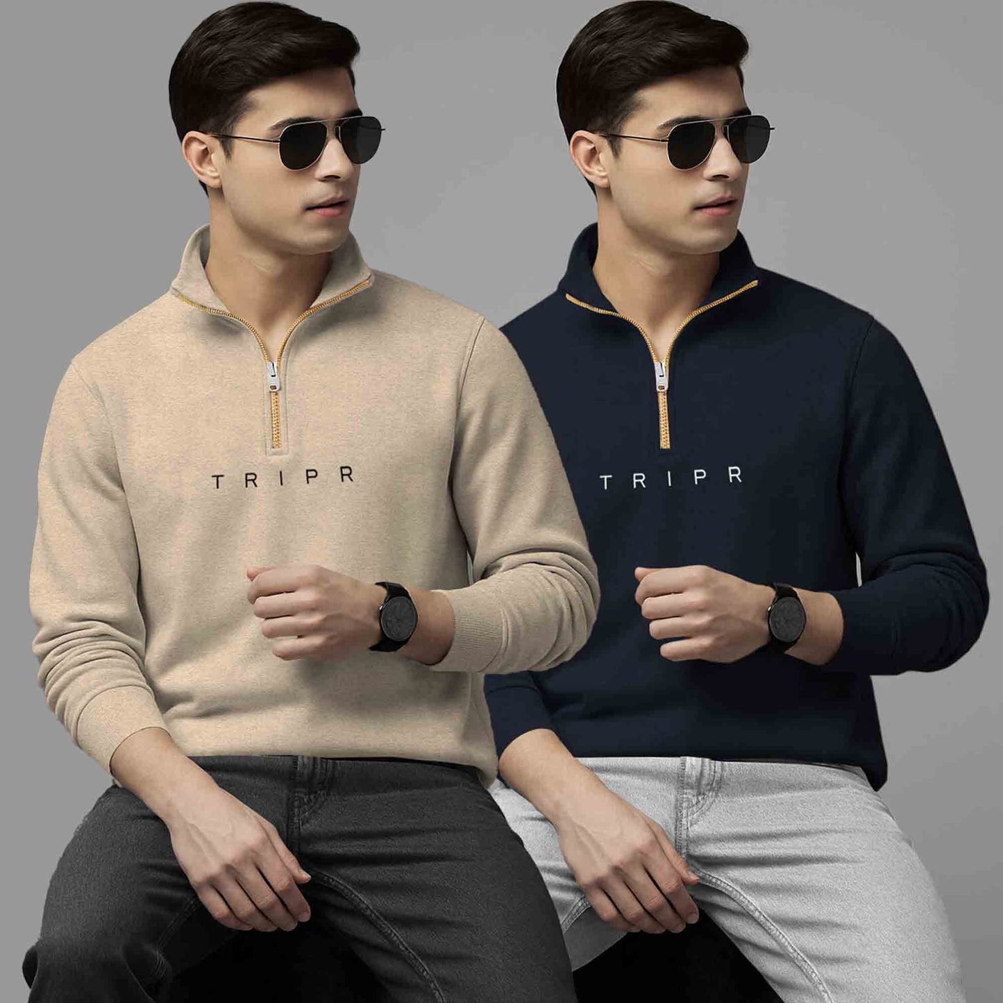 (Pack Of 2) High Neck Beige & Navy Sweatshirts