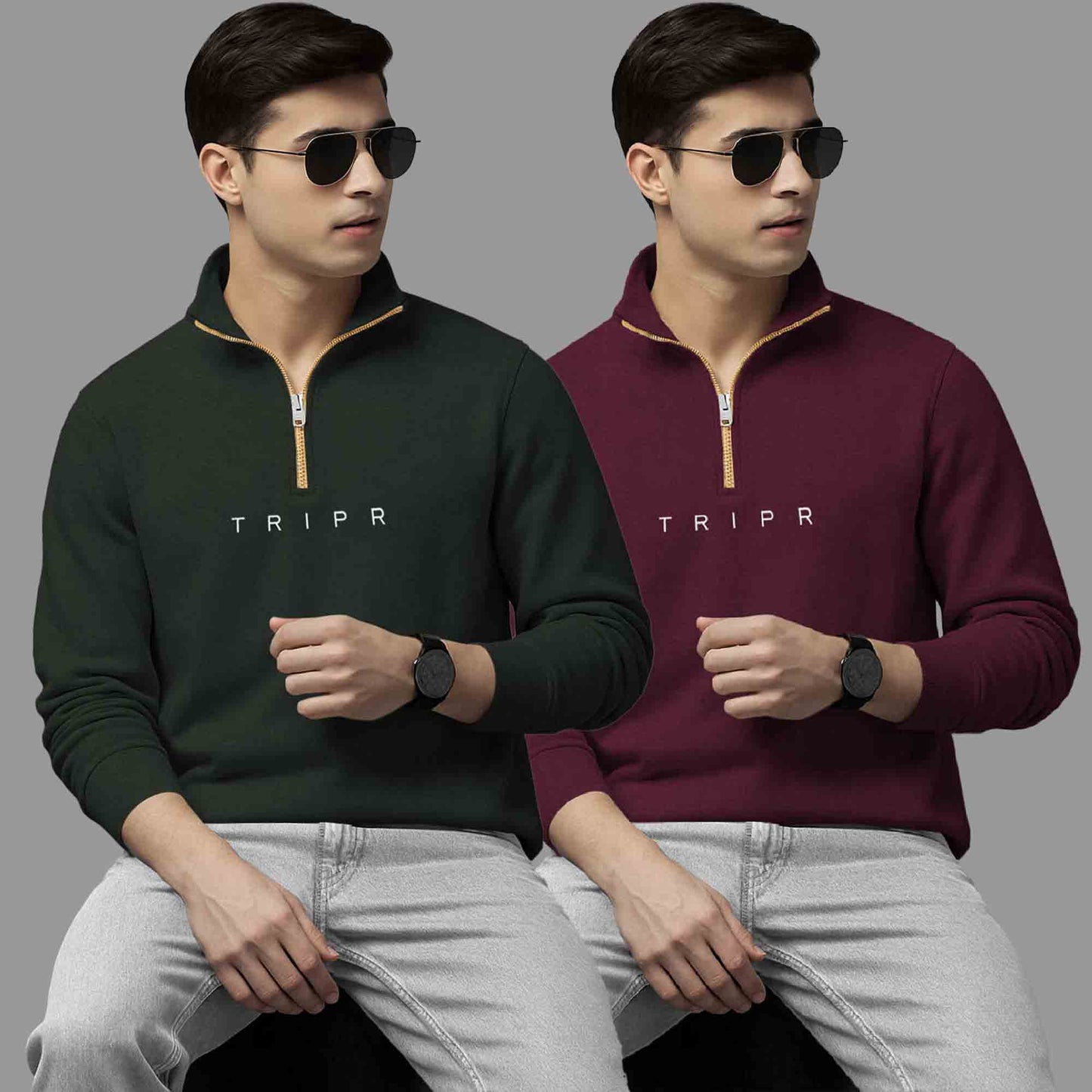 (Pack Of 2) High Neck Olive & Maroon Sweatshirts