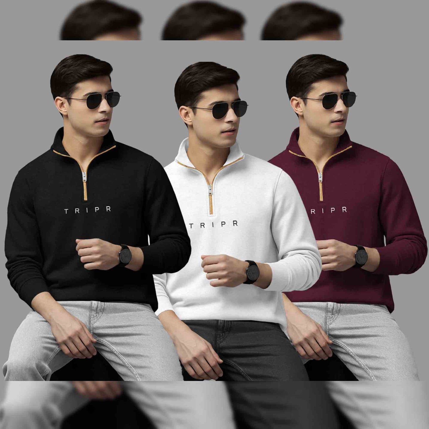 (Pack Of 3) Mens High Neck Sweatshirts Black-White-Maroon
