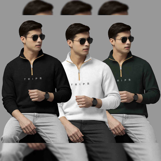 (Pack Of 3) Mens High Neck Sweatshirts Black-White-Olive