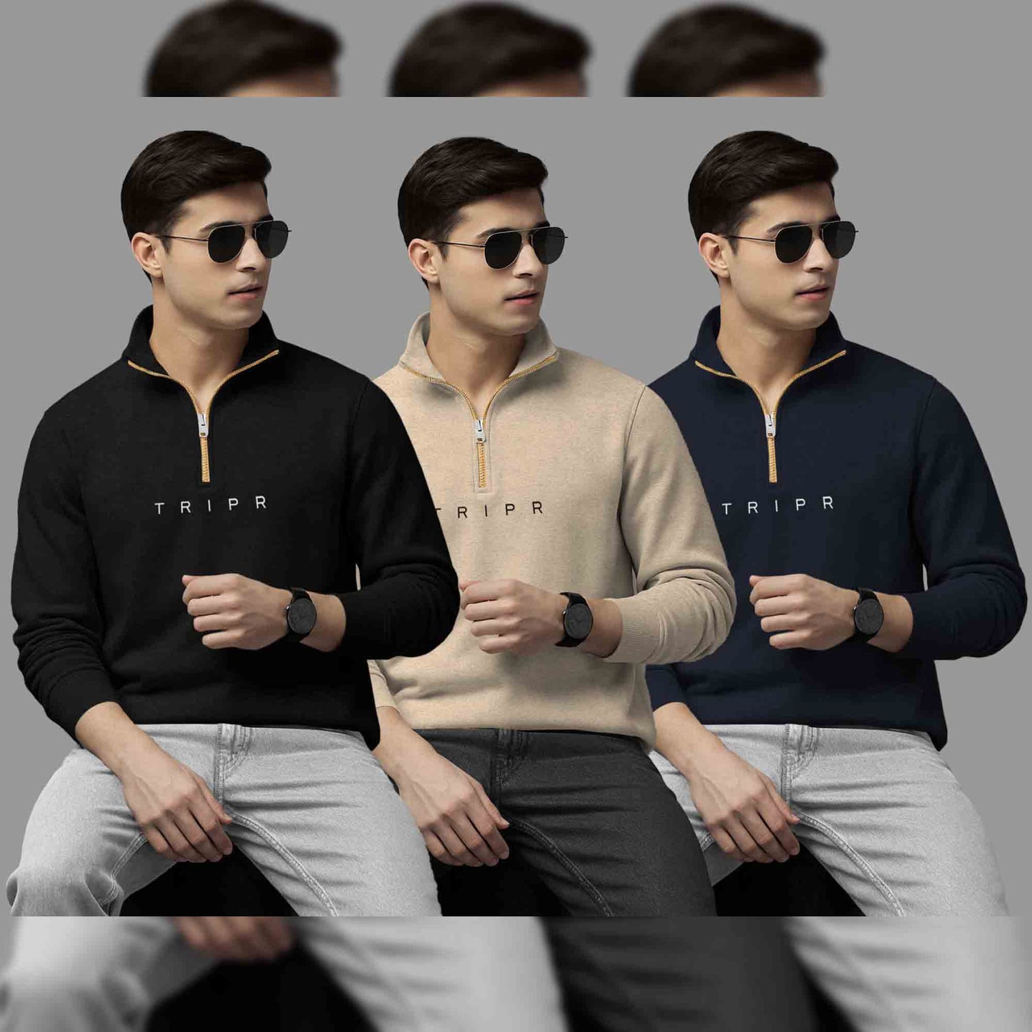 (Pack Of 3) Mens High Neck Sweatshirts Black-Beige-Navy
