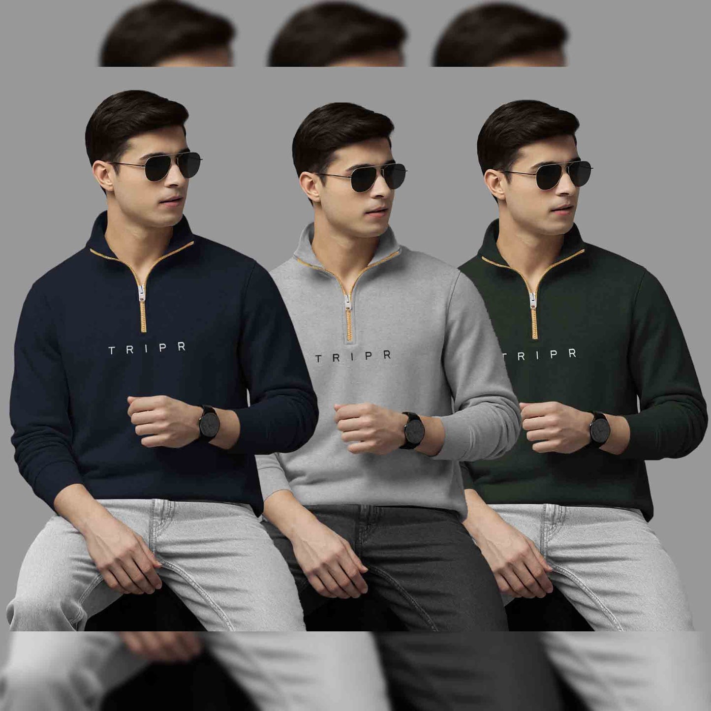 (Pack Of 3) Mens High Neck Sweatshirts Navy-Grey-Olivegreen
