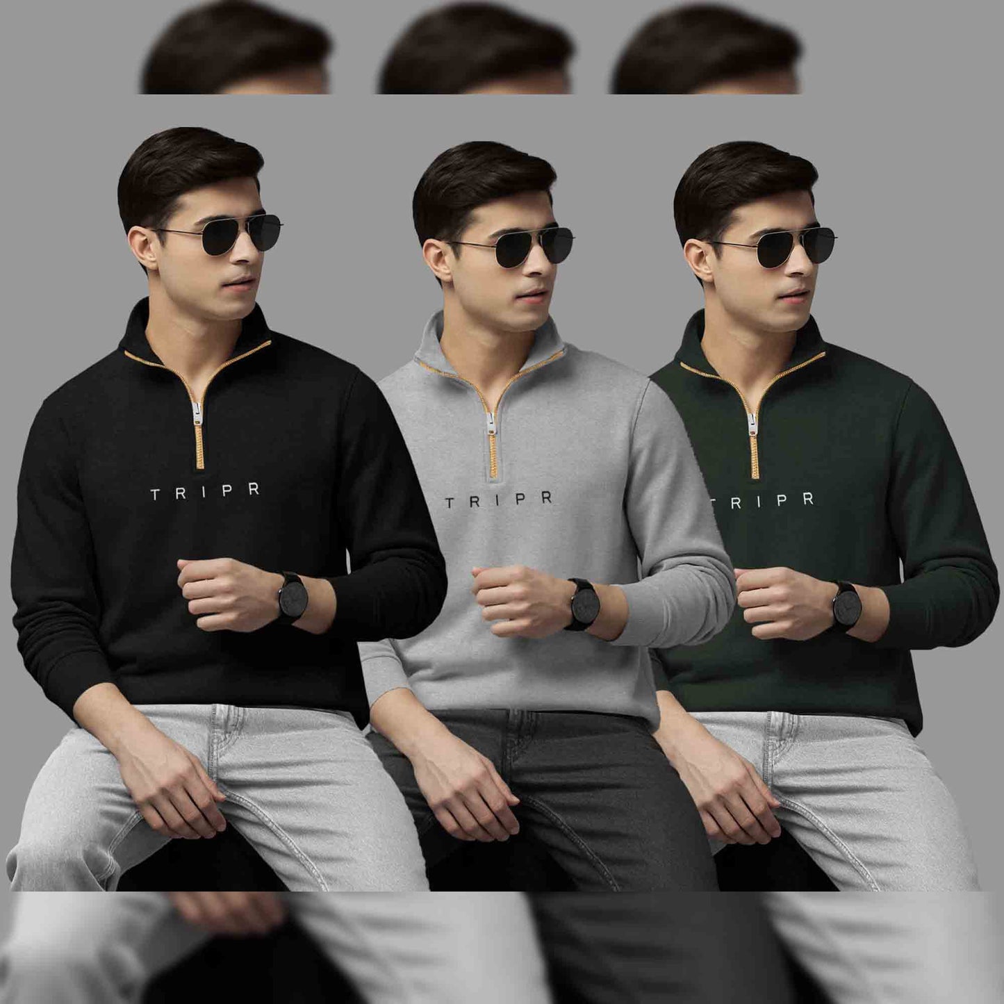 (Pack Of 3) Mens High Neck Sweatshirts Black-Grey-Olivegreen