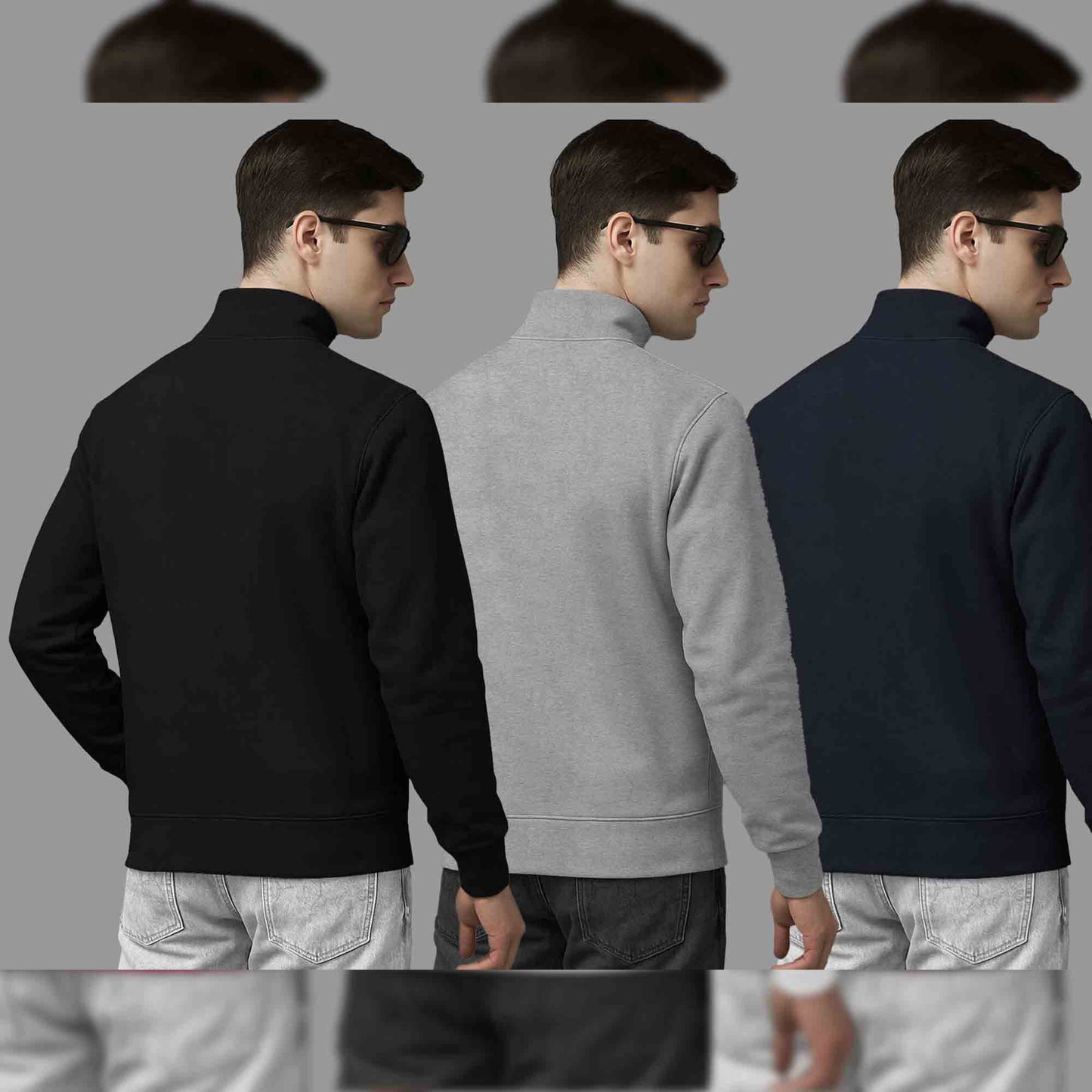(Pack Of 3) Mens High Neck Sweatshirts Black-Grey-Navy