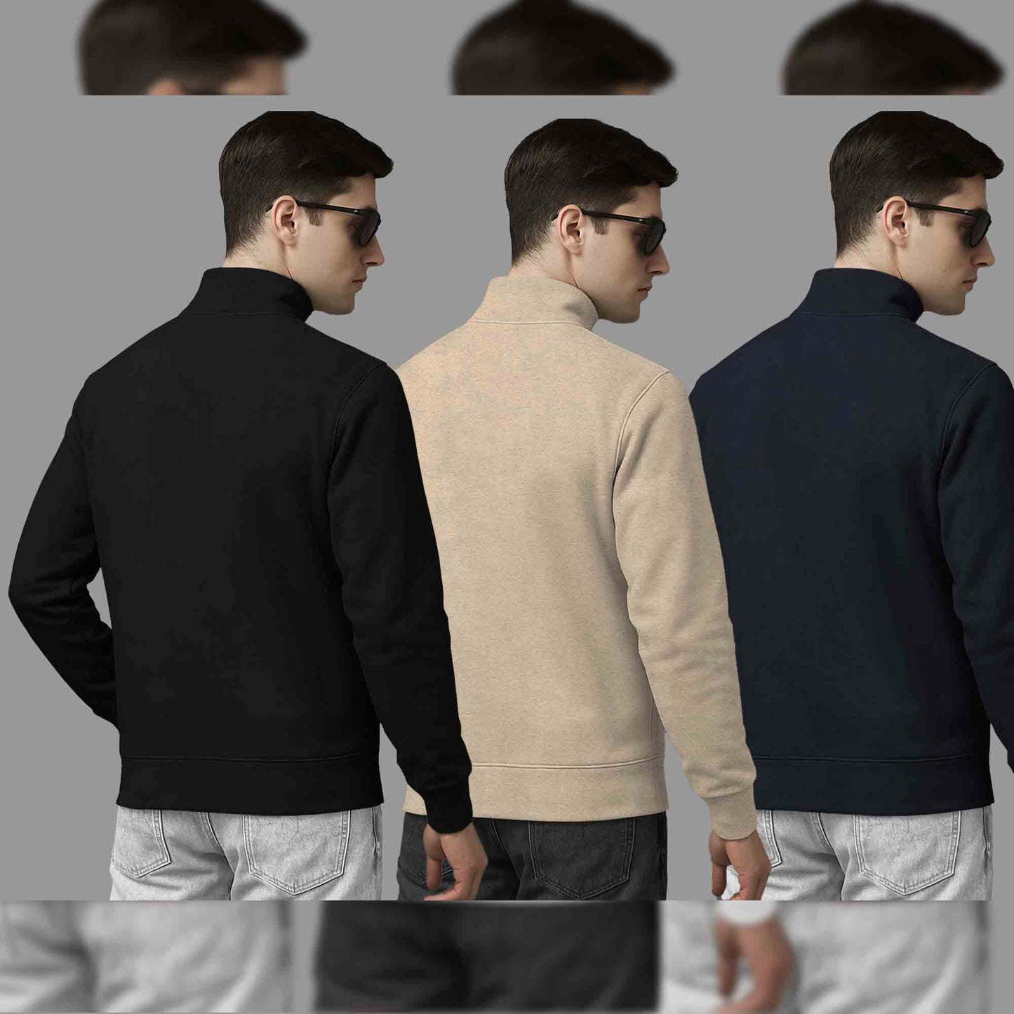 (Pack Of 3) Mens High Neck Sweatshirts Black-Beige-Navy