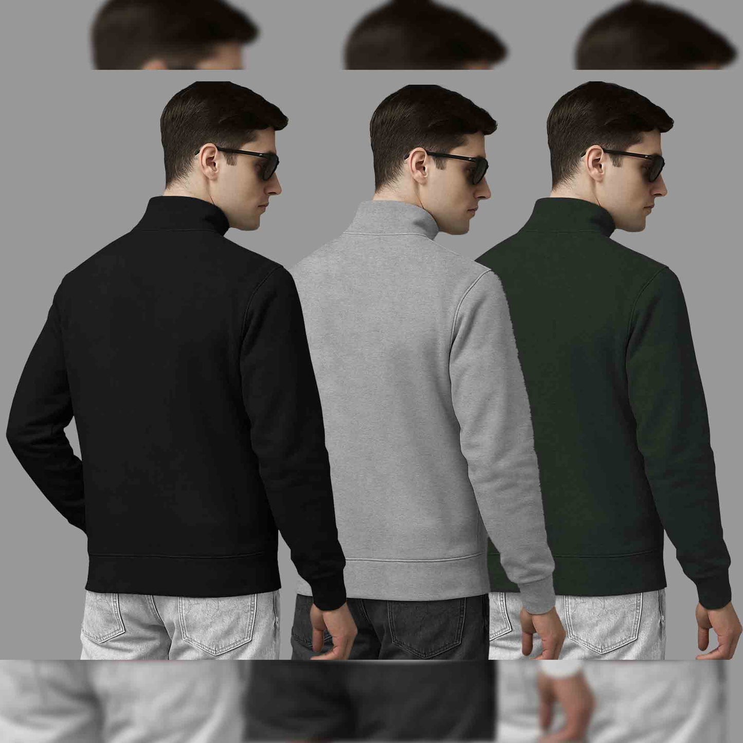 (Pack Of 3) Mens High Neck Sweatshirts Black-Grey-Olivegreen