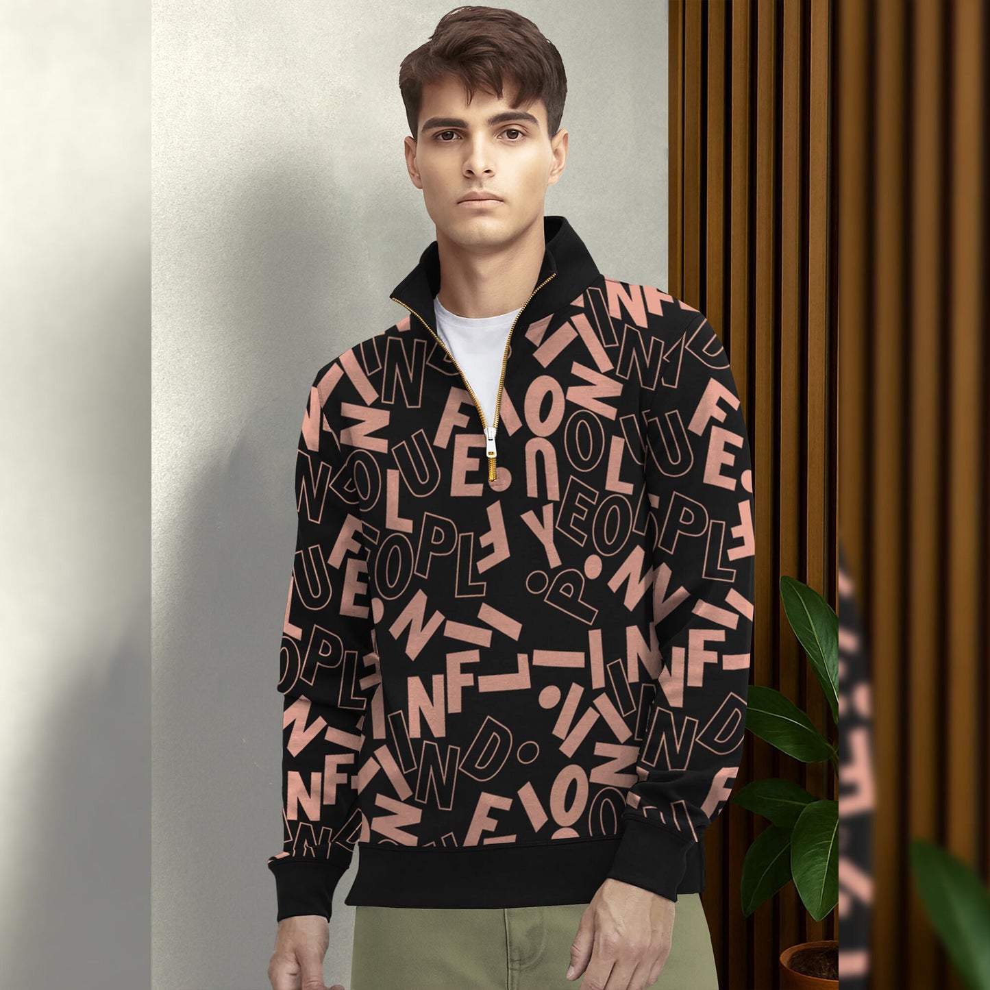Black And Brown High Neck All Over Printed Sweatshirt