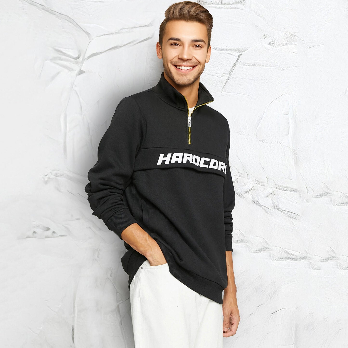 Men’s Printed Quarter Zip High Neck Sweatshirt Black
