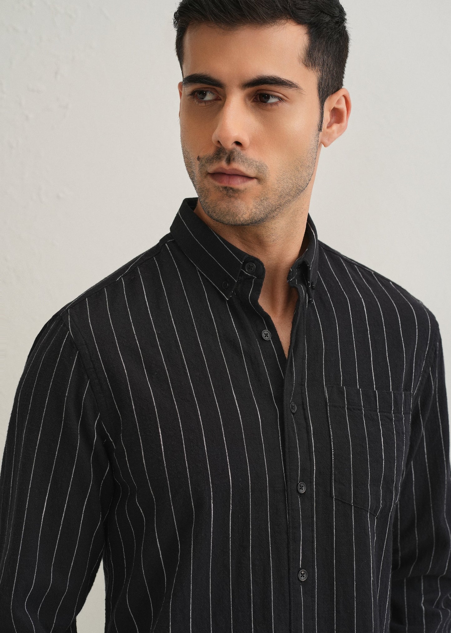 Sable Black Striped Cotton Linen Shirt