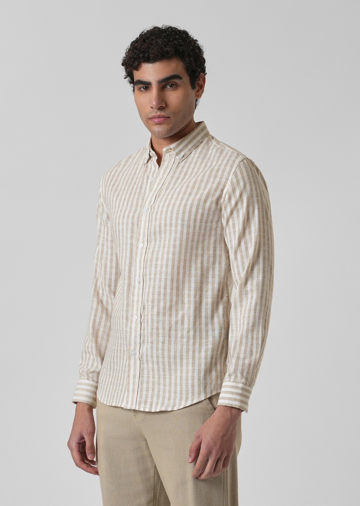 Striped Beige Blended Linen Shirt