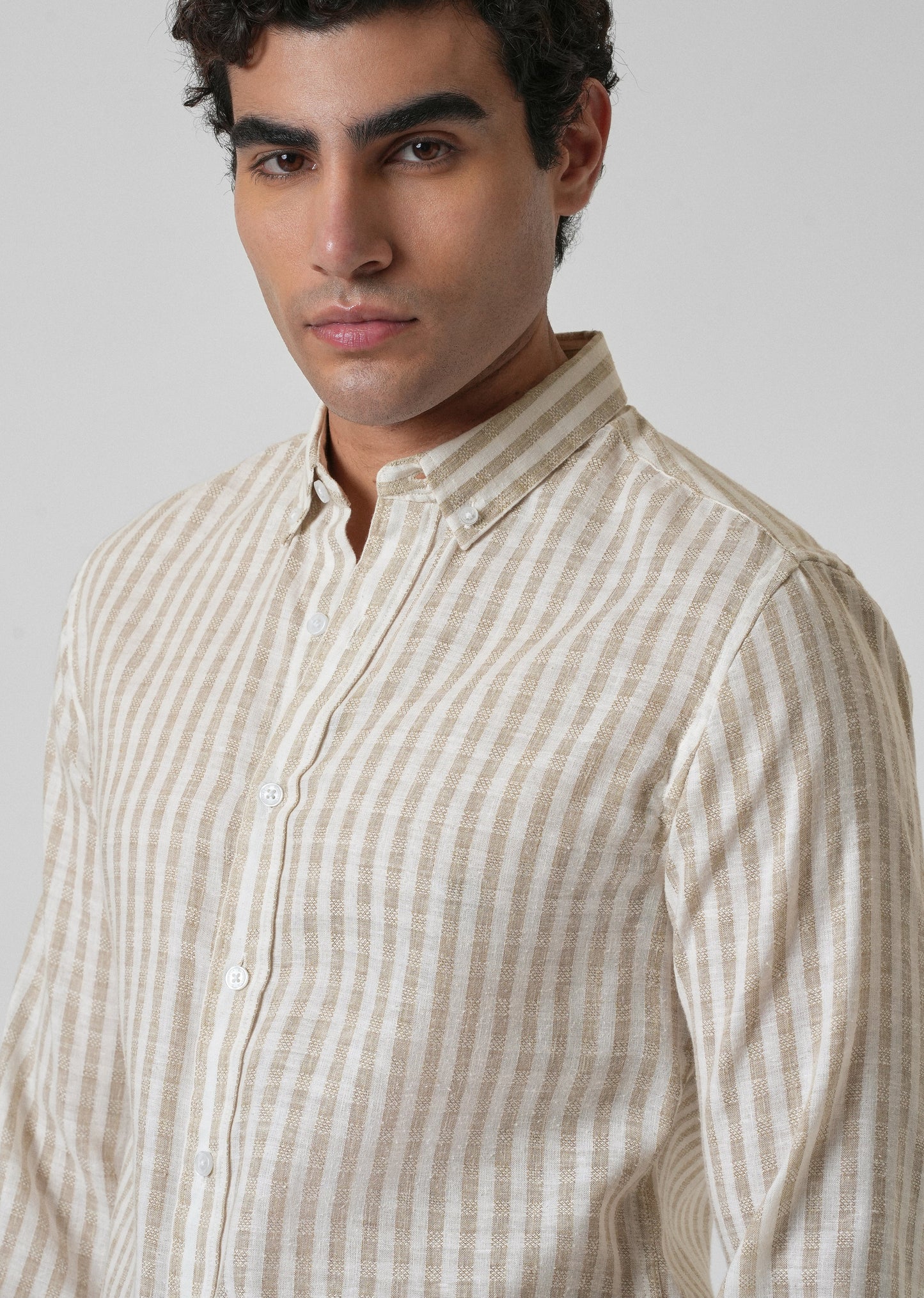 Striped Beige Blended Linen Shirt