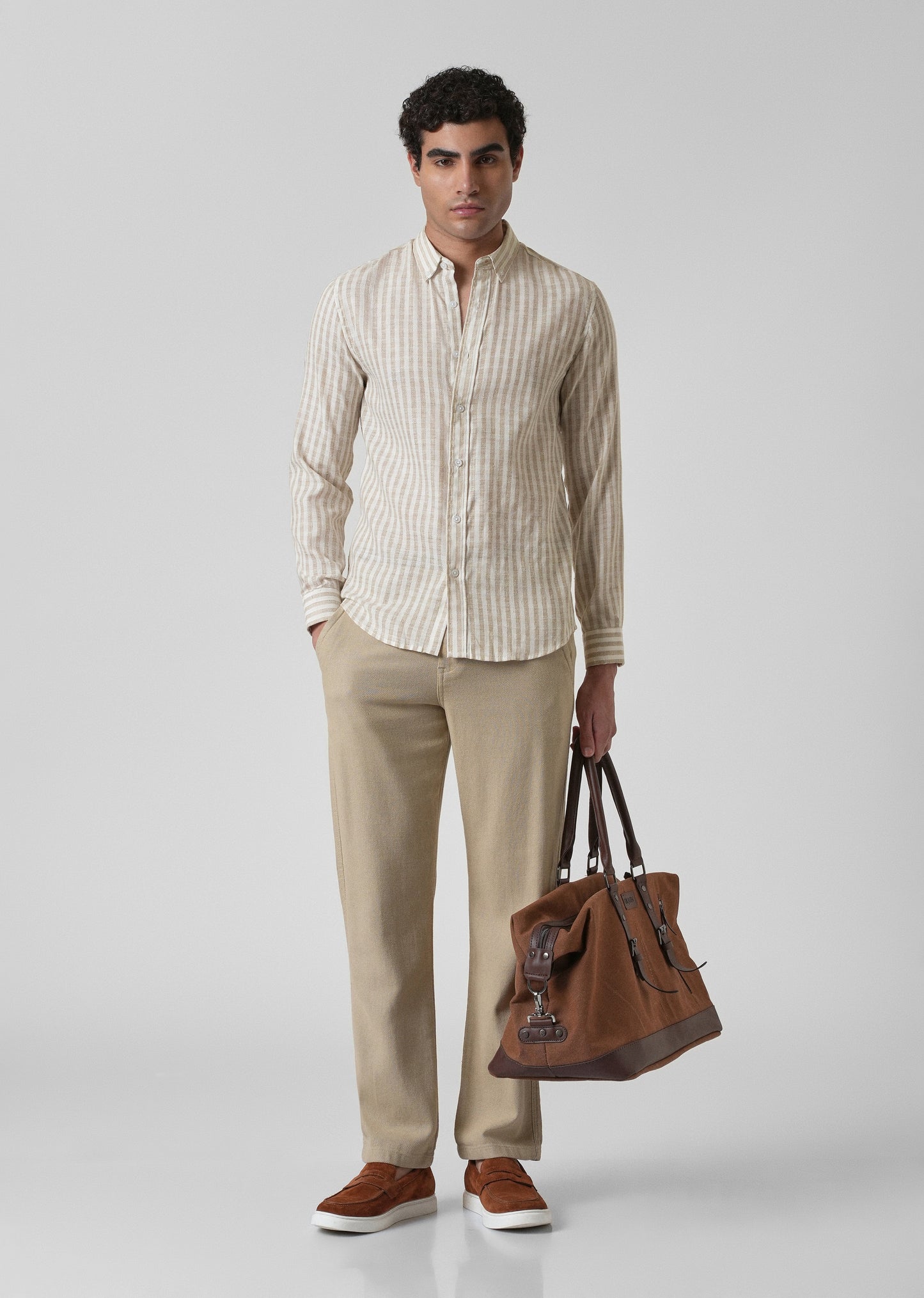 Striped Beige Blended Linen Shirt