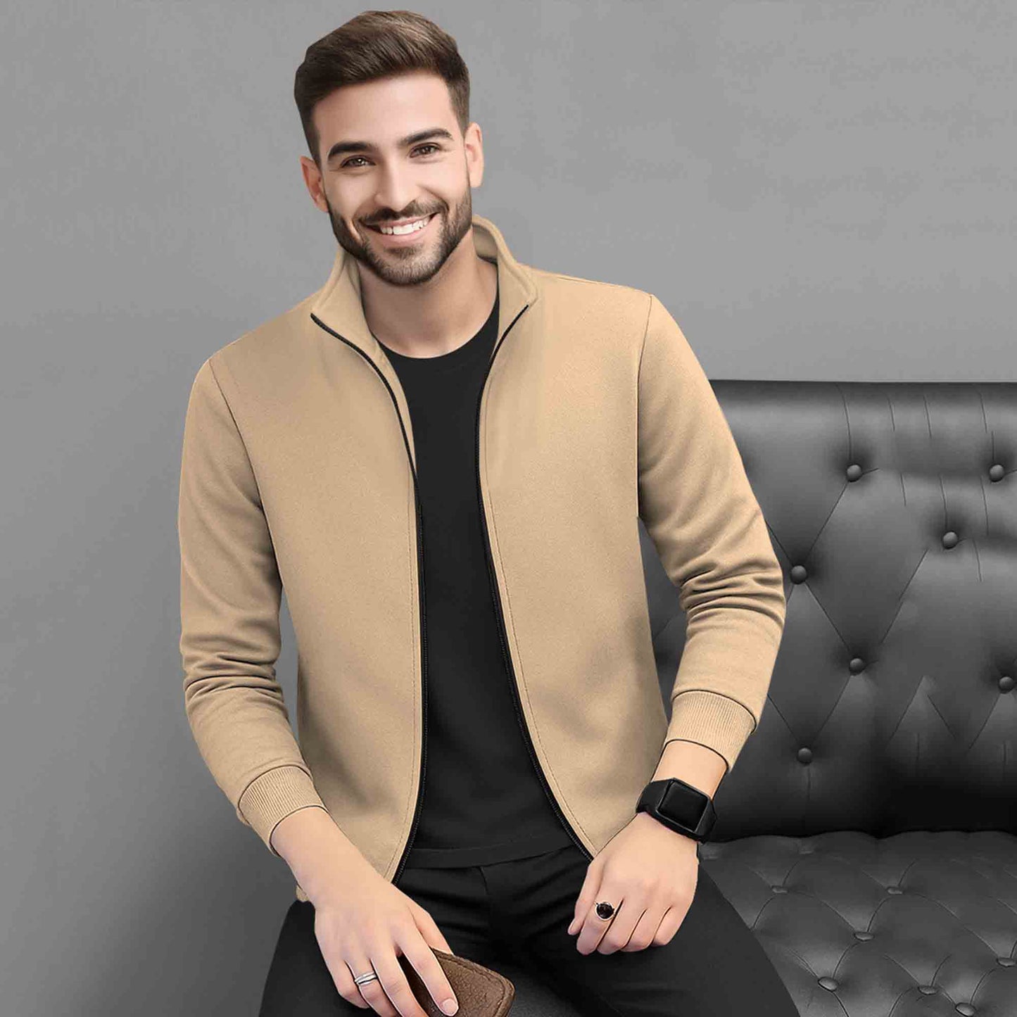 Mens Full Zip Solid High Neck Sweat Jacket Beige