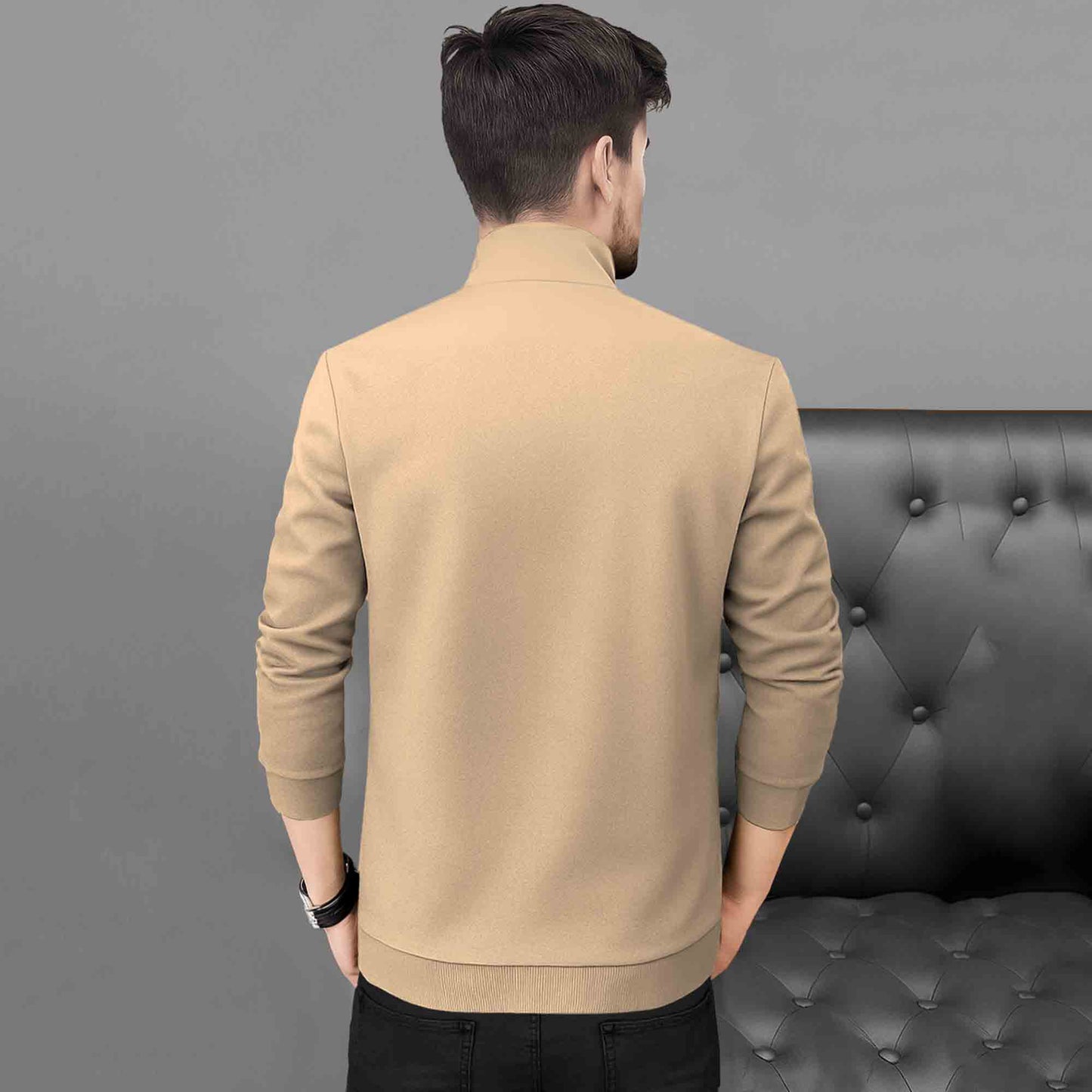 Mens Full Zip Solid High Neck Sweat Jacket Beige