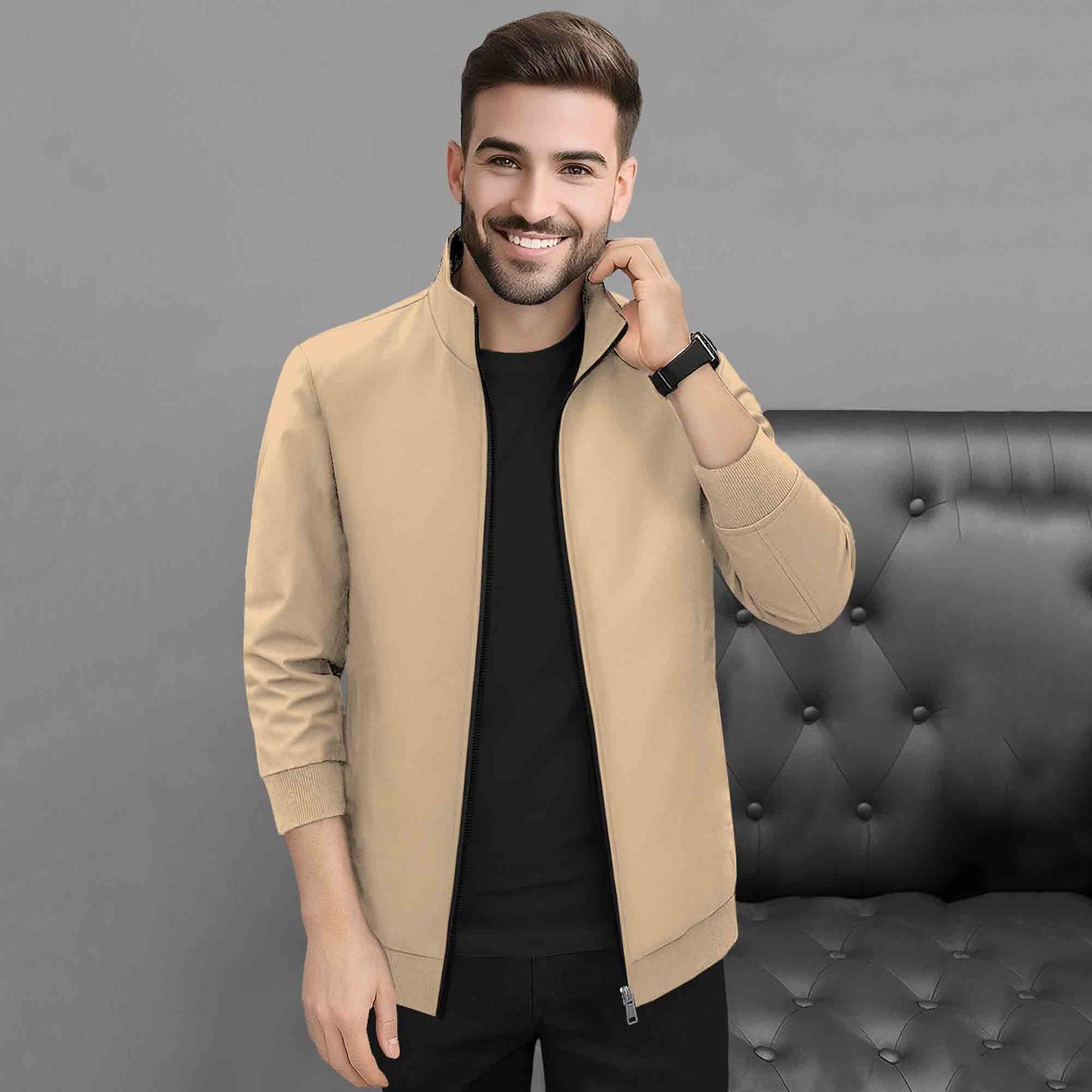 Mens Full Zip Solid High Neck Sweat Jacket Beige