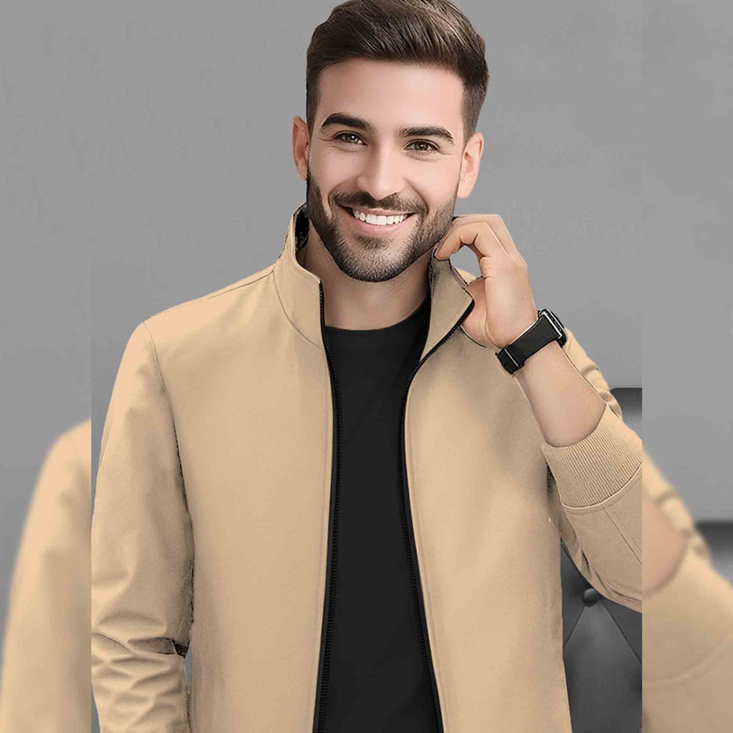 Mens Full Zip Solid High Neck Sweat Jacket Beige