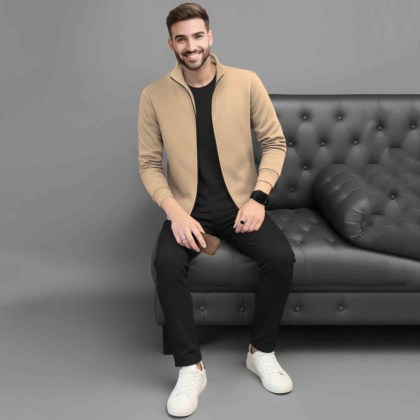 Mens Full Zip Solid High Neck Sweat Jacket Beige