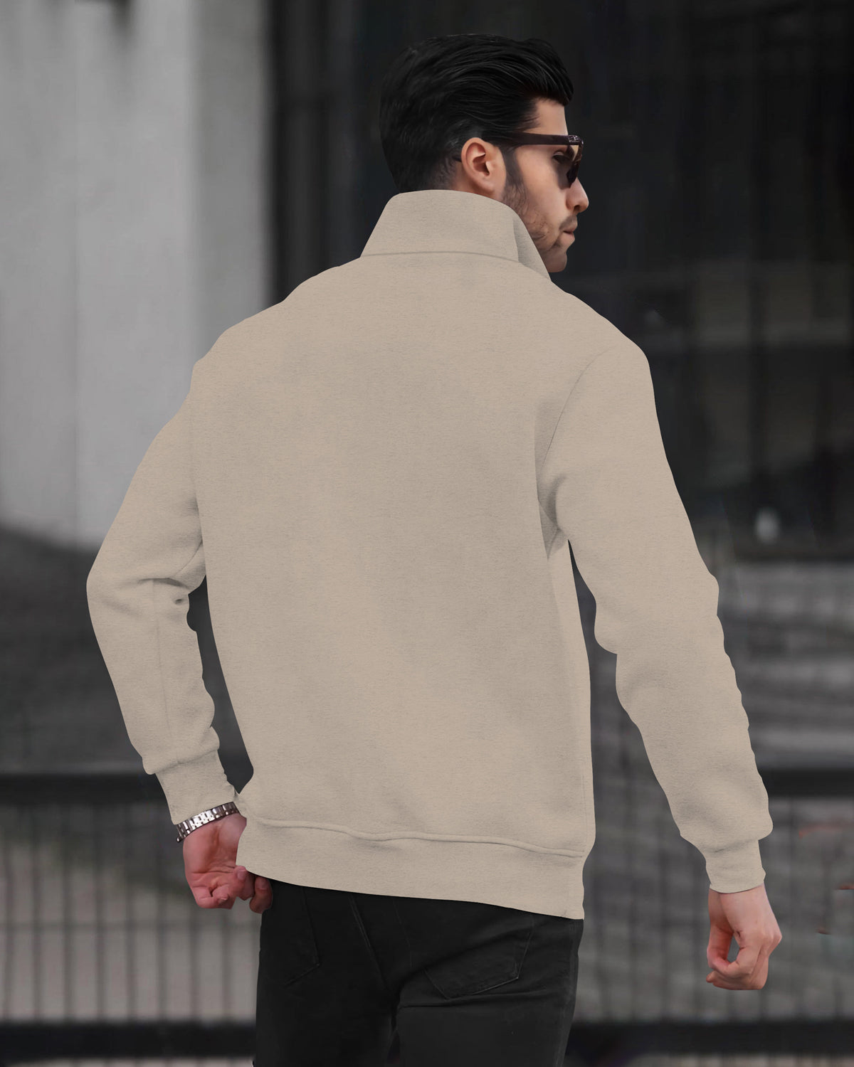 Men Plain Zipper High Neck Casual Sweatshirt Beige