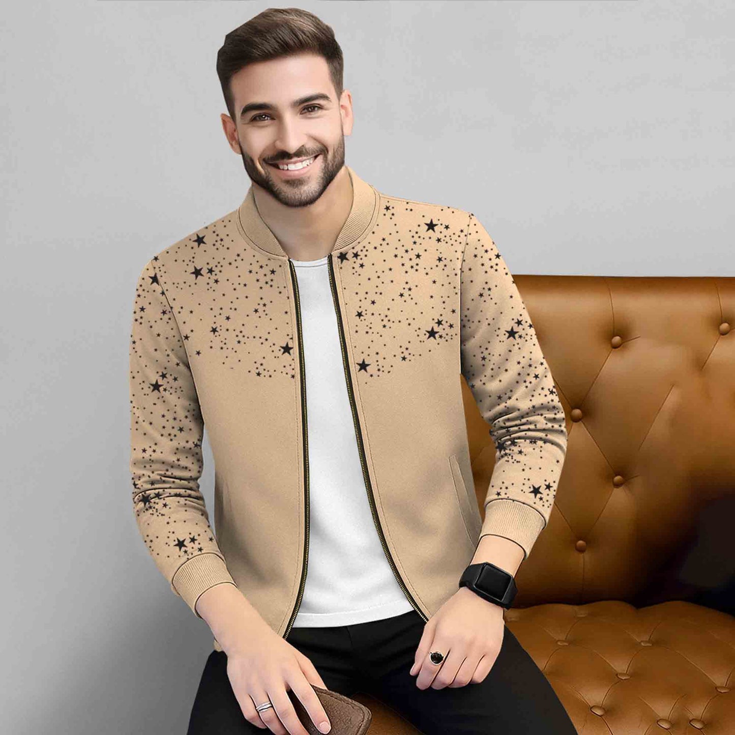 Men Full Sleeve Star Printed Round Neck Jacket Beige