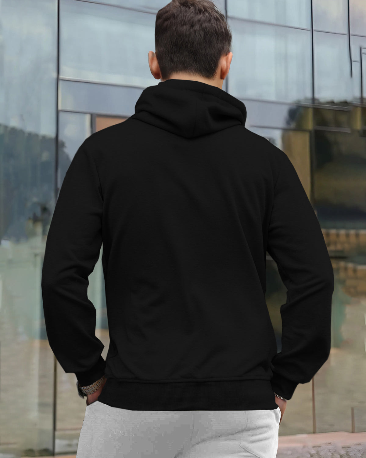 Mens Plain Sweatshirt Side Pockets with Hooded / Black