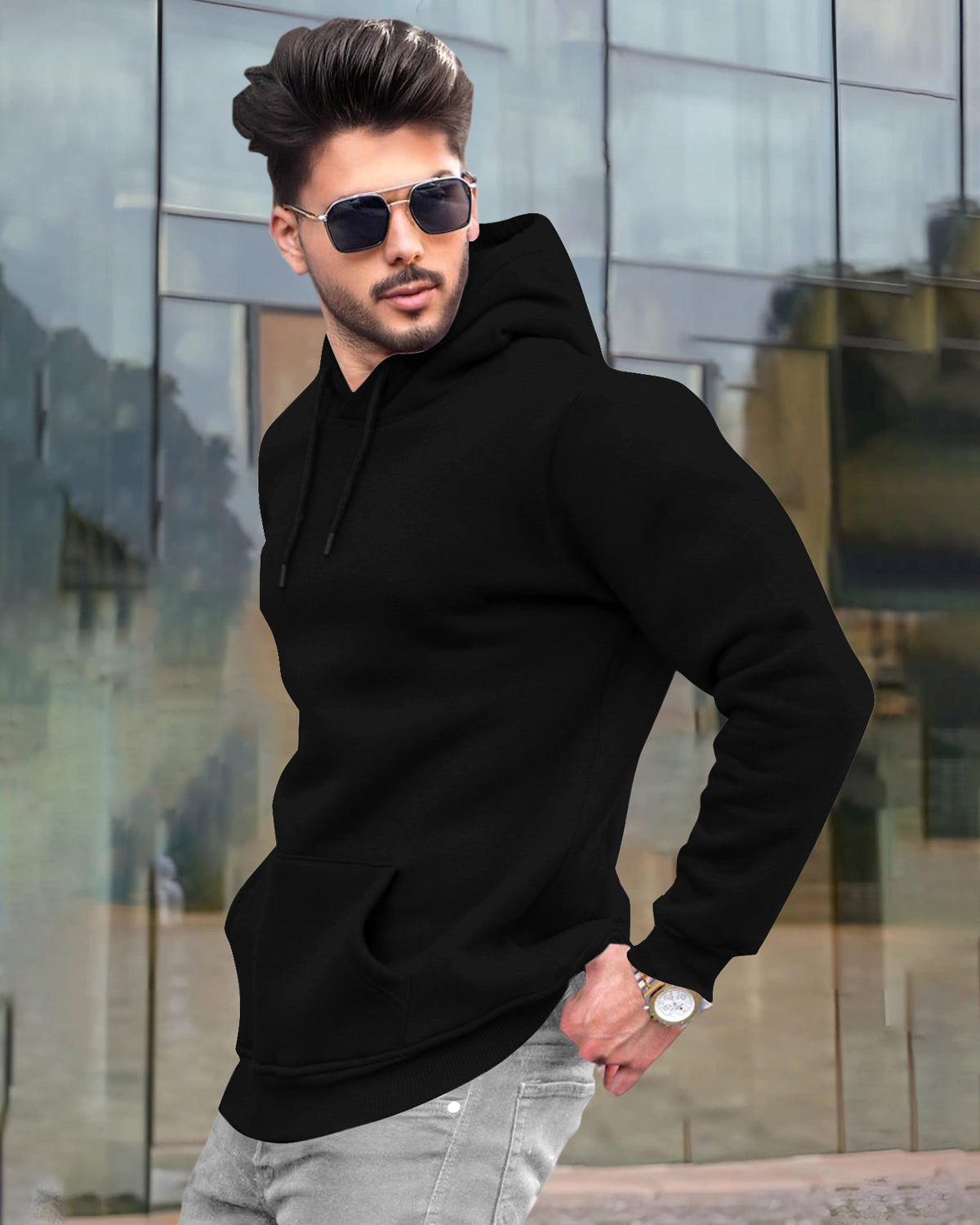 Mens Plain Sweatshirt Side Pockets with Hooded / Black