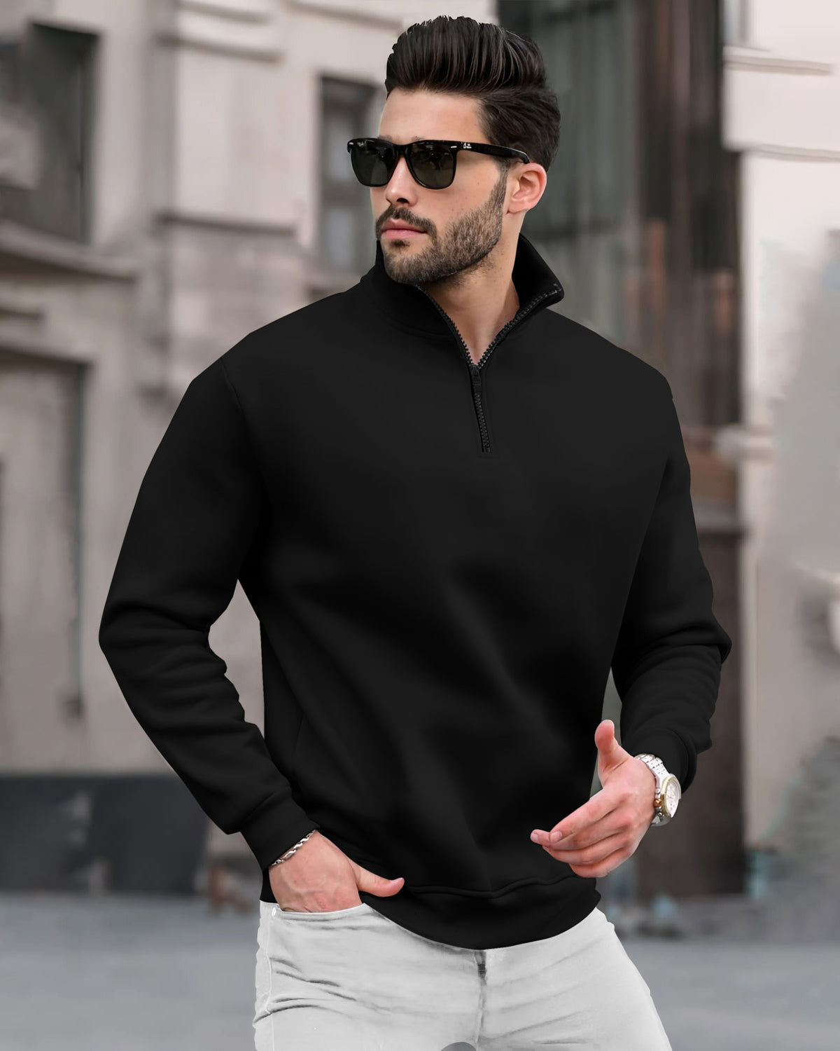 Men Plain Zipper High Neck Casual Sweatshirts - 5 Colors