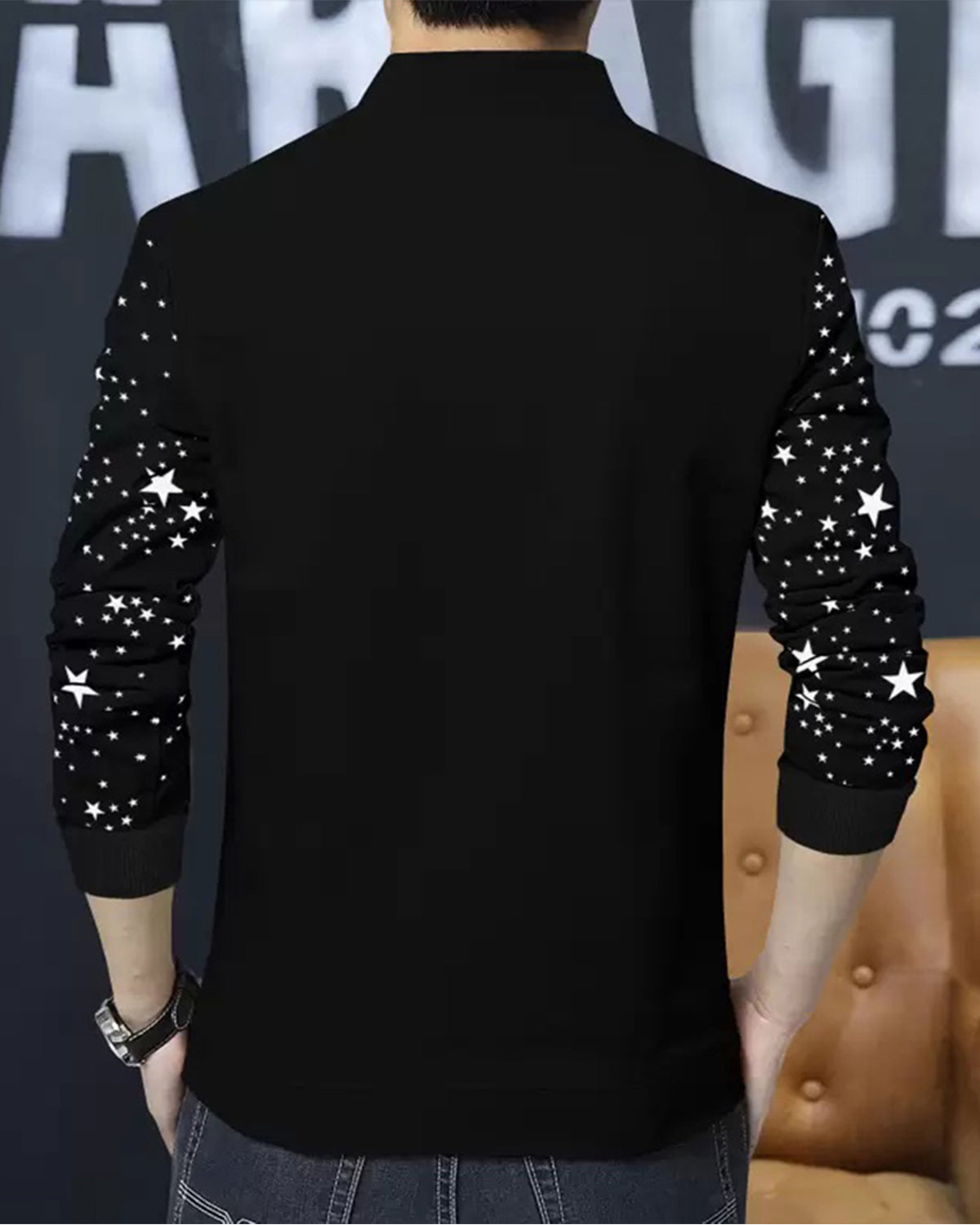 Men Star Printed Black Round Neck Jacket