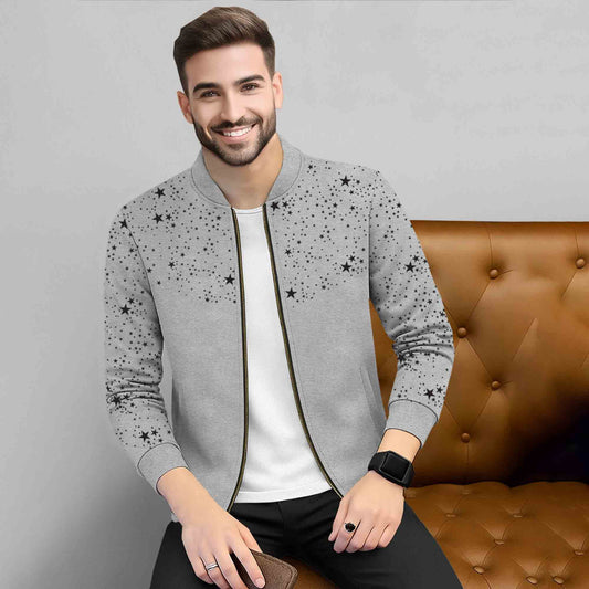 Men Full Sleeve Star Printed Round Neck Jacket Grey