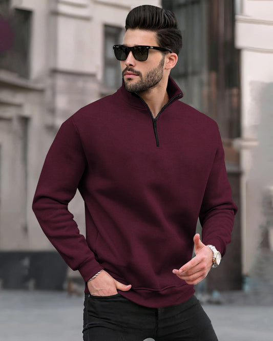 Men Plain Zipper High Neck Casual Sweatshirt / Maroon