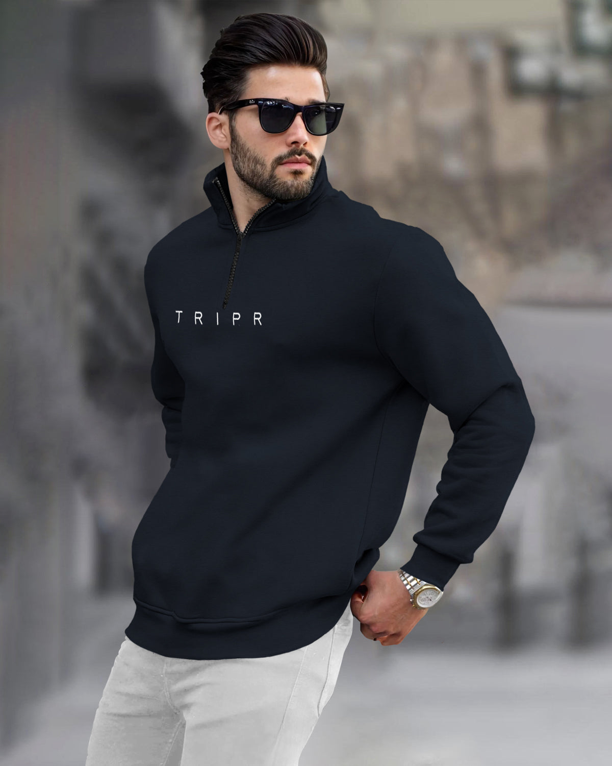 Men Navy blue Zipper High Neck Sweatshirt