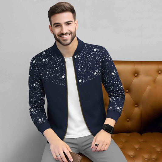 Men Full Sleeve Star Printed Round Neck Jacket Navyblue