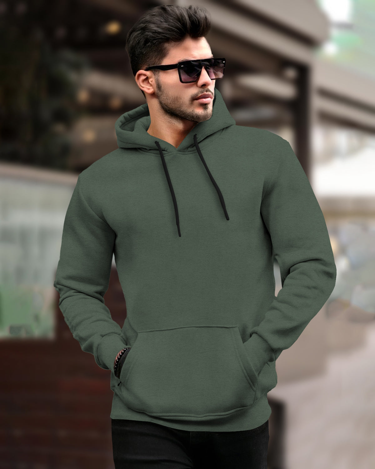 Mens Plain Hooded Sweatshirt with Side Pockets / Olive Green