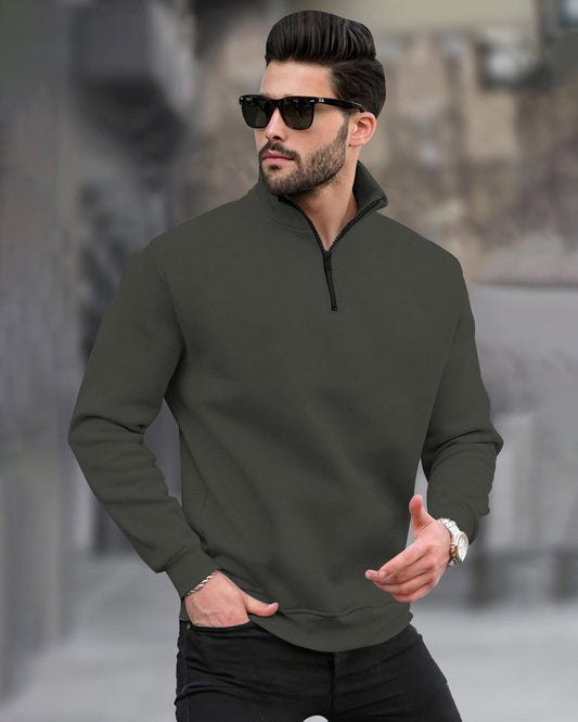 Men Plain Zipper High Neck Casual Sweatshirt Olivegreen