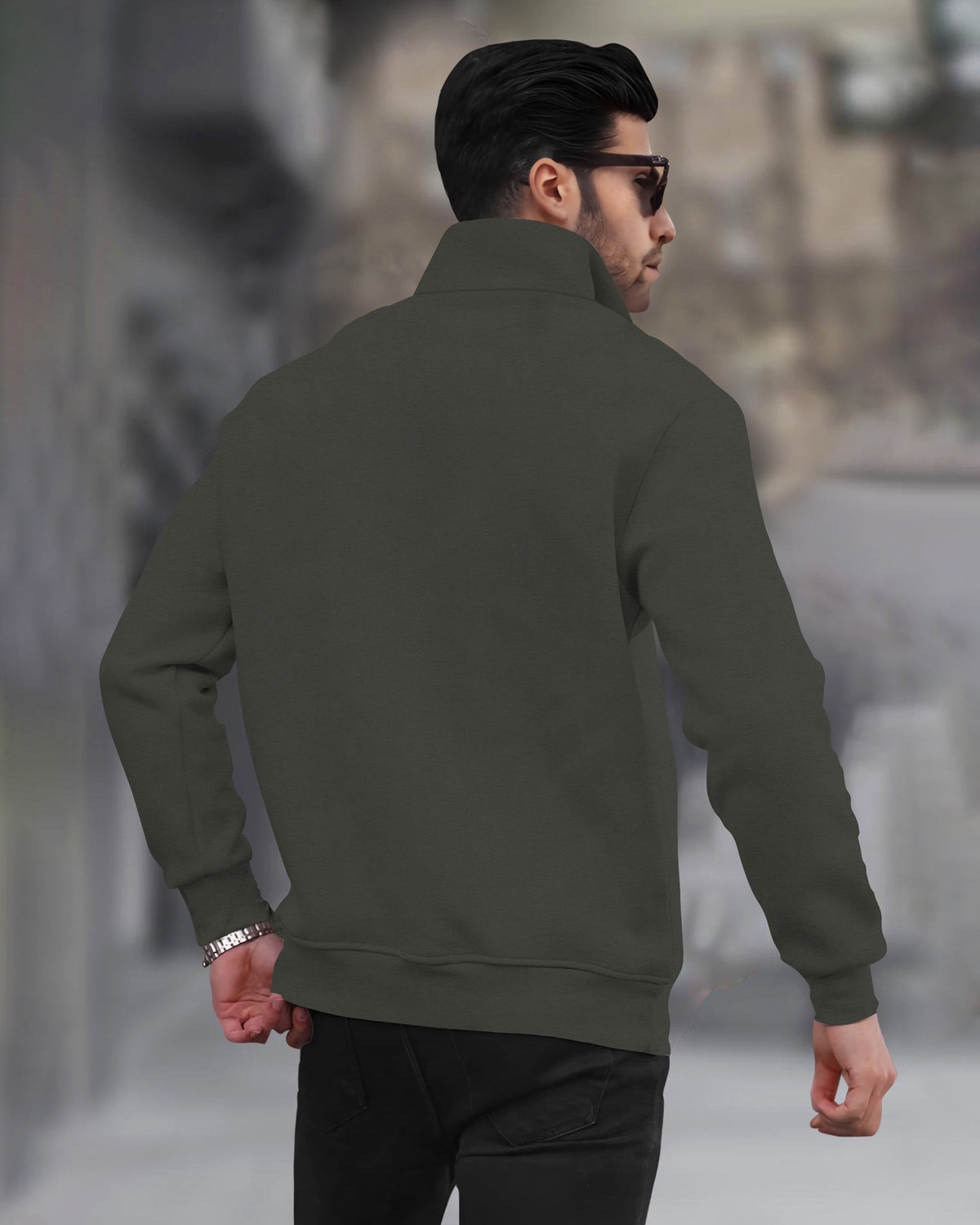 Men Plain Zipper High Neck Casual Sweatshirt Olivegreen