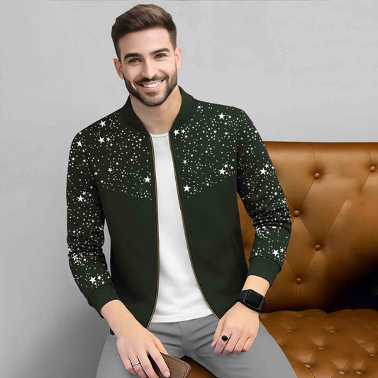 Men Full Sleeve Star Printed Round Neck Jacket Olivegreen