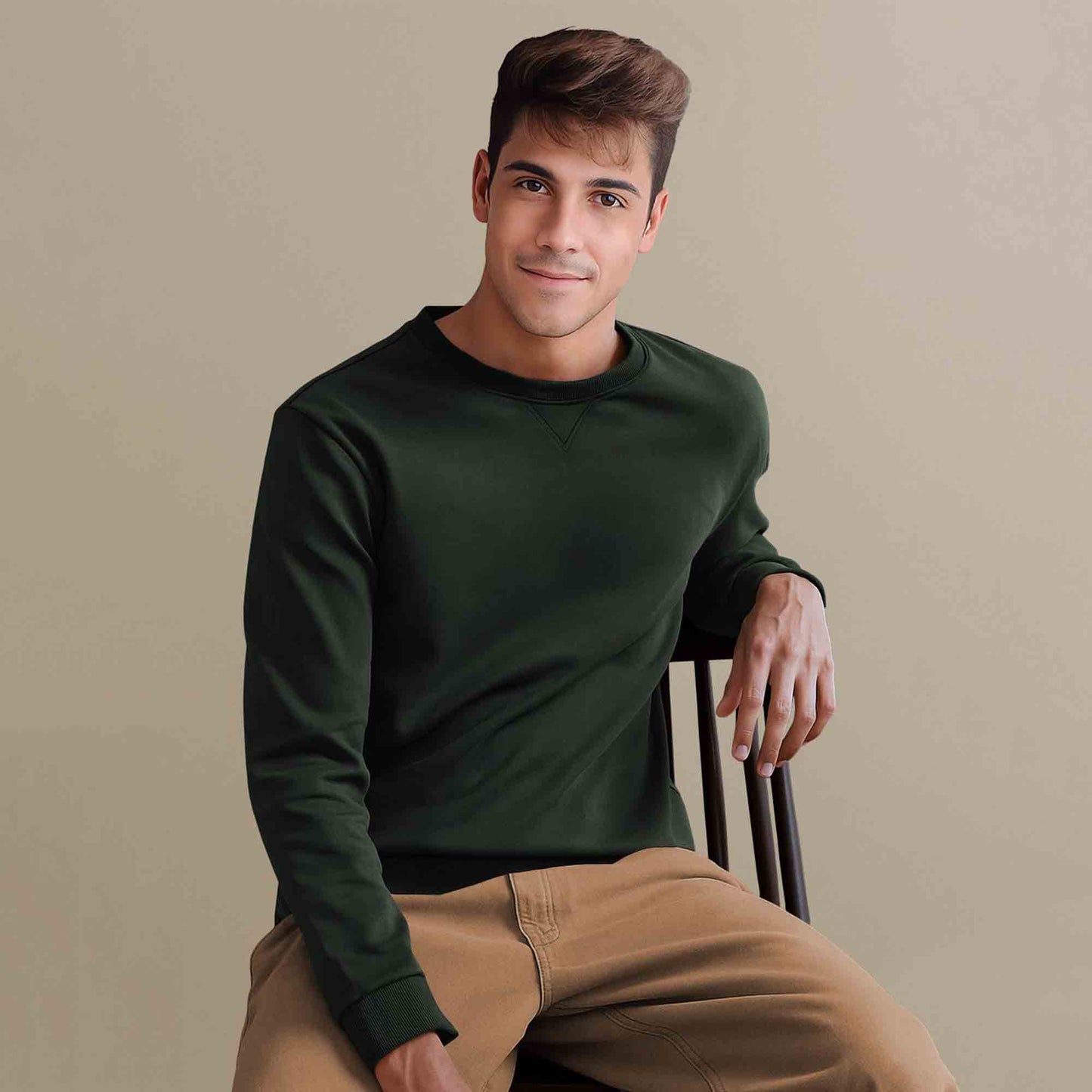 Men Full Sleeve plain round Neck Sweatshirt olive green