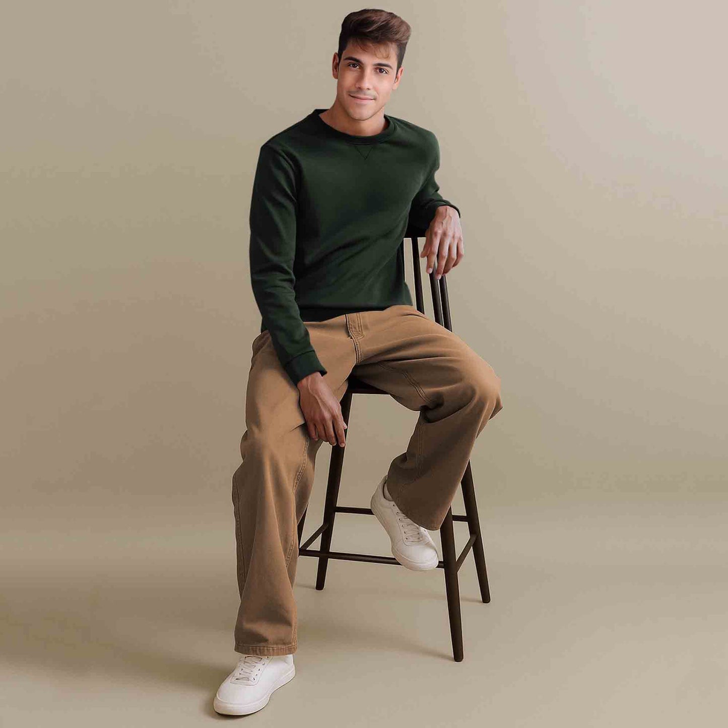 Men Full Sleeve plain round Neck Sweatshirt olive green