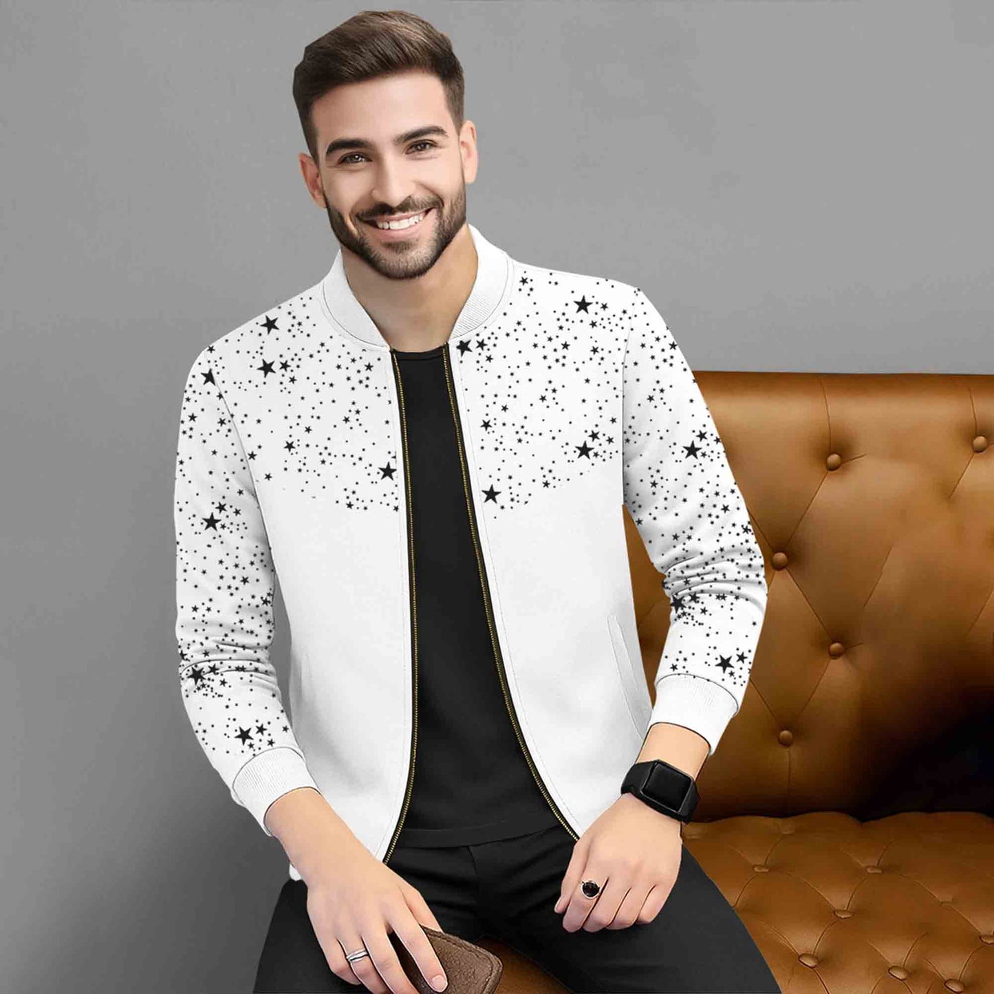 Men Full Sleeve Star Printed Round Neck Jacket White