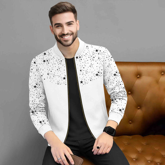 Men Full Sleeve Star Printed Round Neck Jacket White