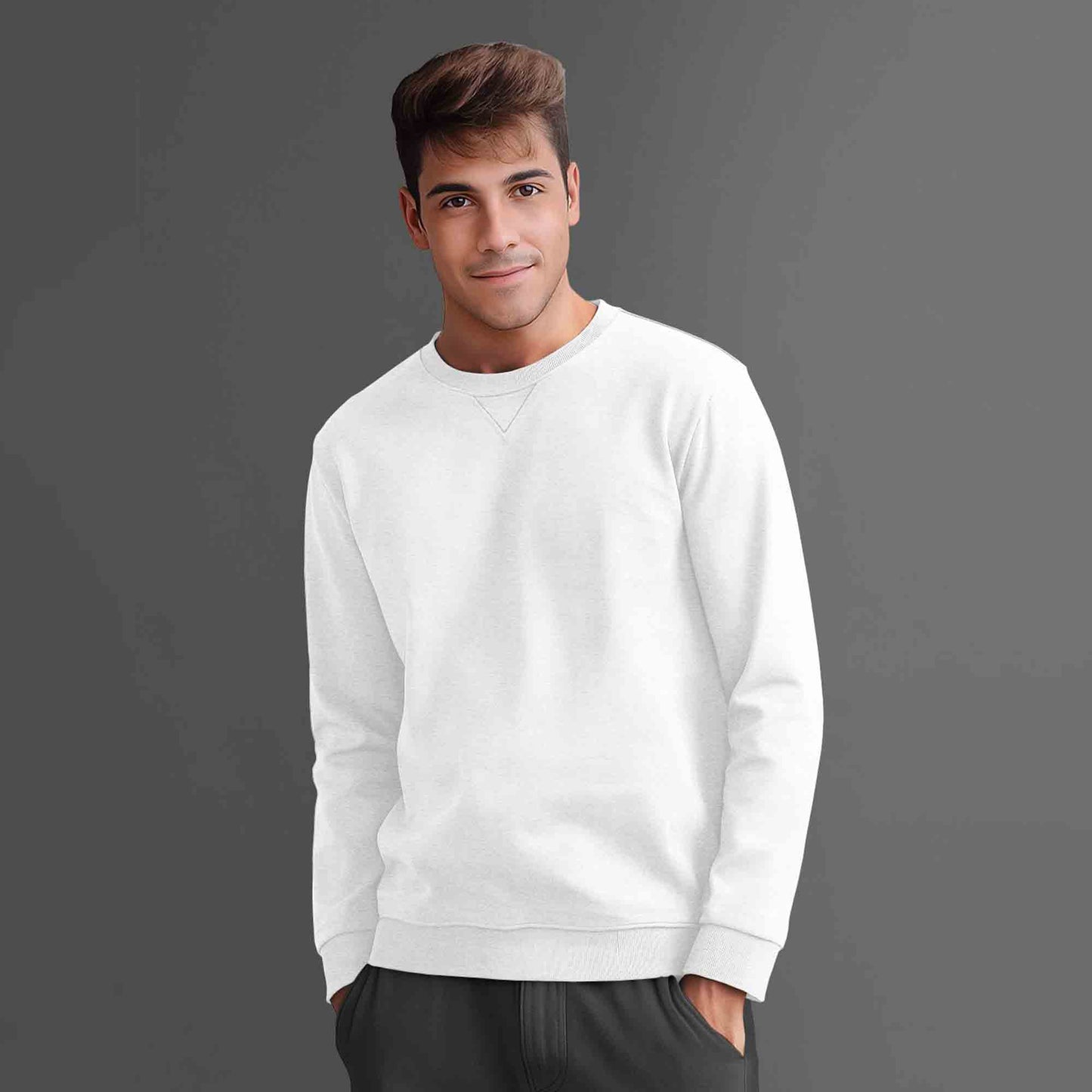 Men Full Sleeve plain round Neck Sweatshirt White