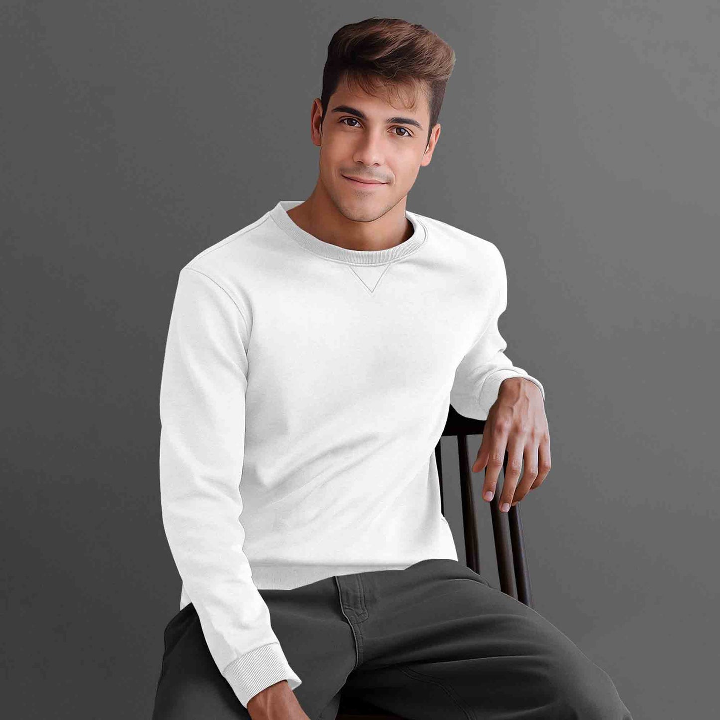 Men Full Sleeve plain round Neck Sweatshirt White