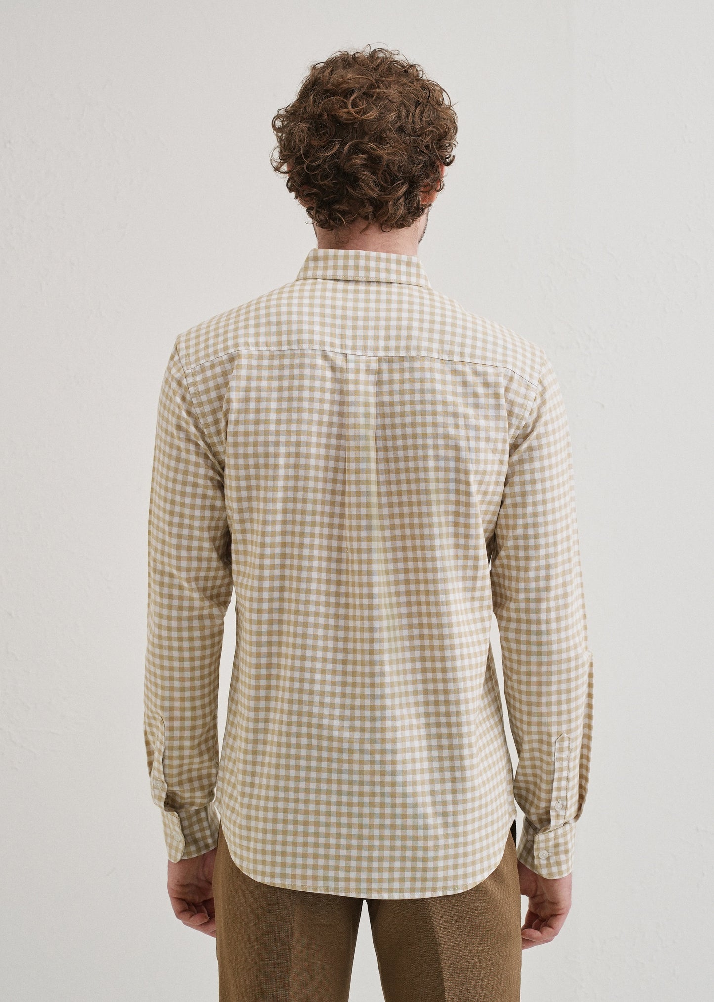 Tan Beige Gingham Check Cotton Oxford Shirt