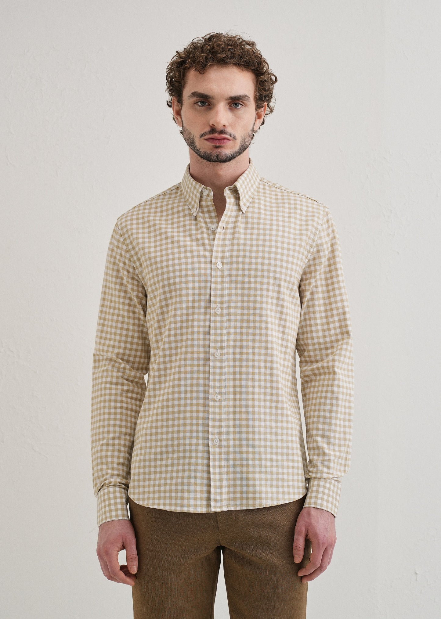 Tan Beige Gingham Check Cotton Oxford Shirt