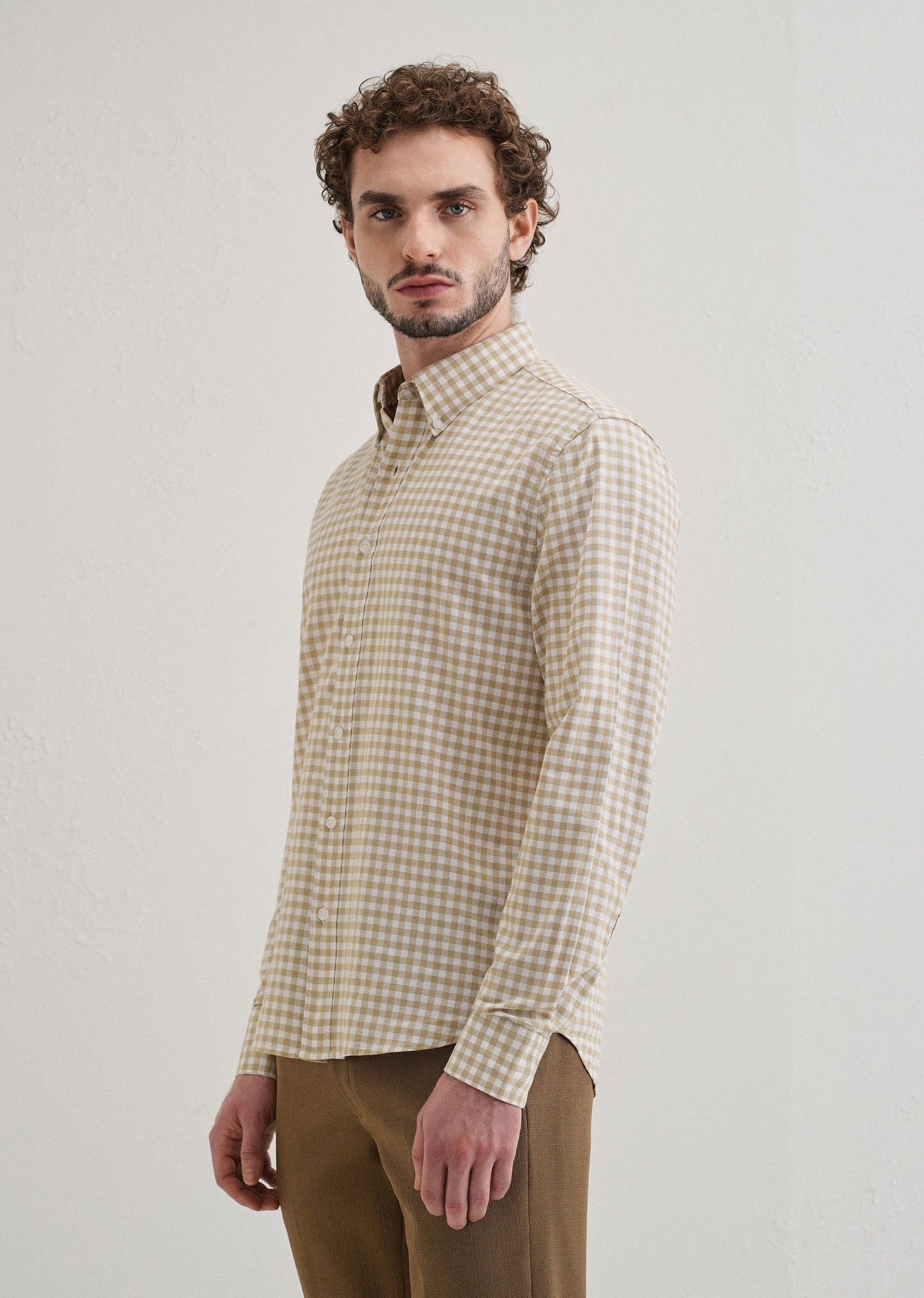 Tan Beige Gingham Check Cotton Oxford Shirt