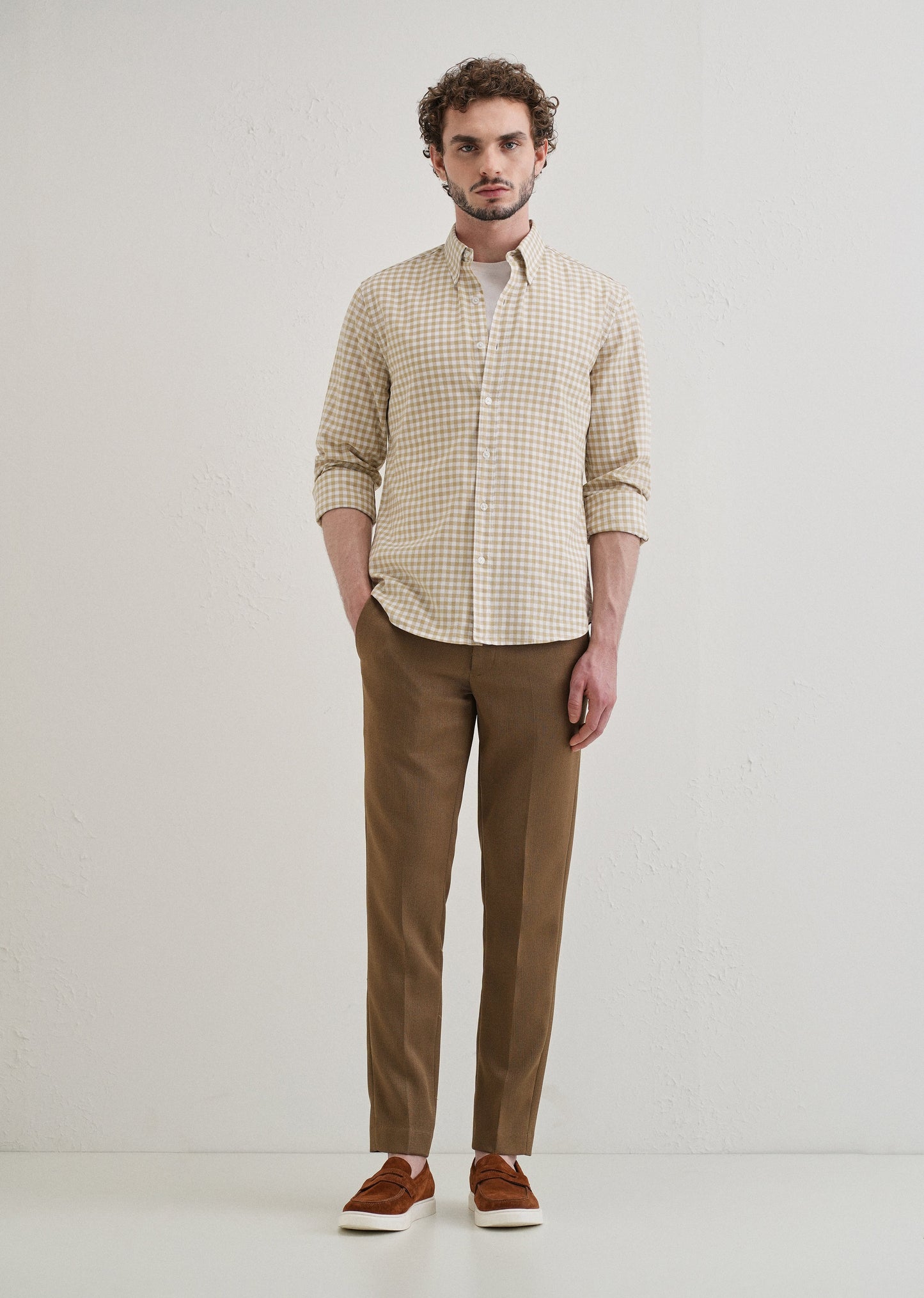 Tan Beige Gingham Check Cotton Oxford Shirt