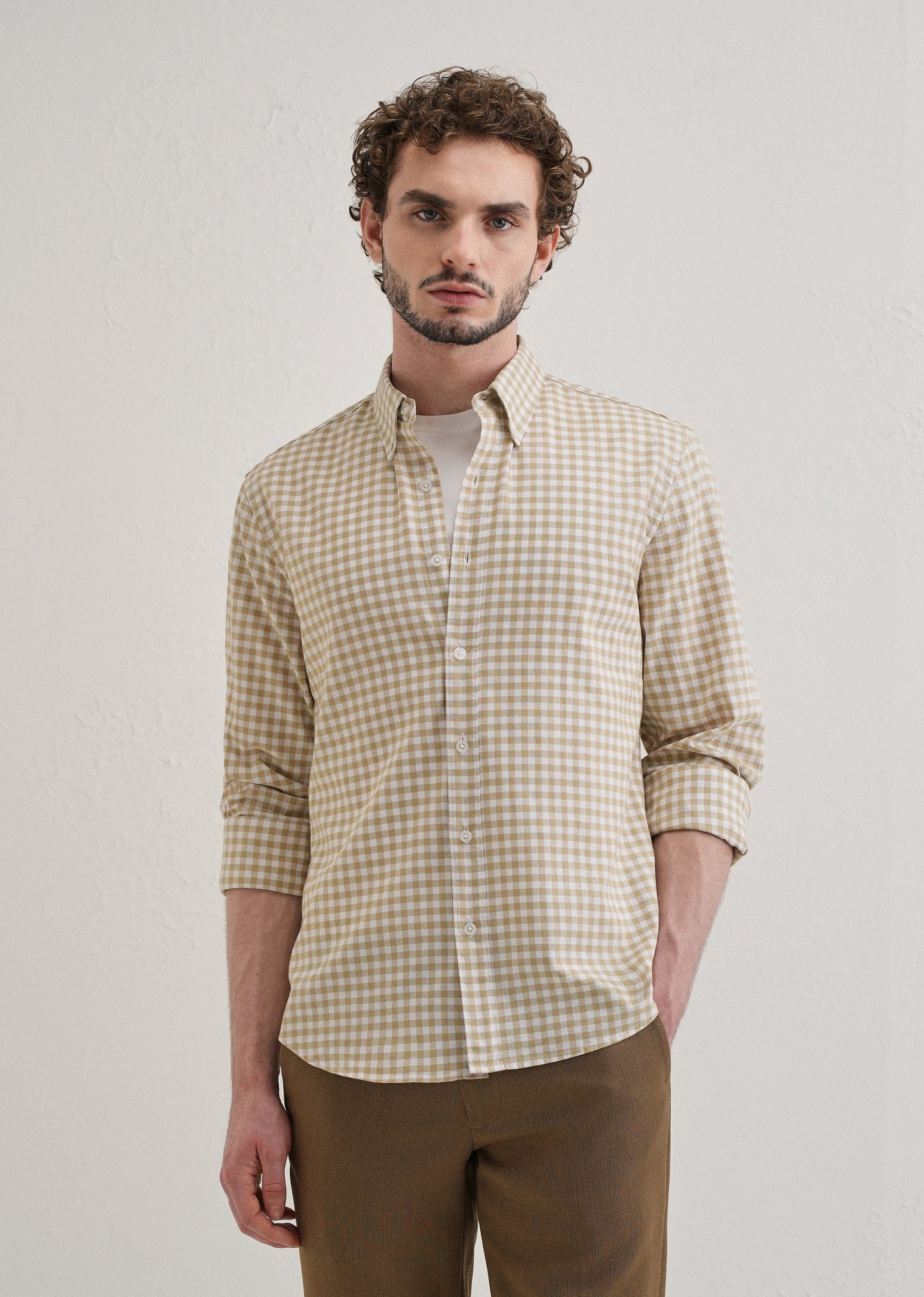 Tan Beige Gingham Check Cotton Oxford Shirt