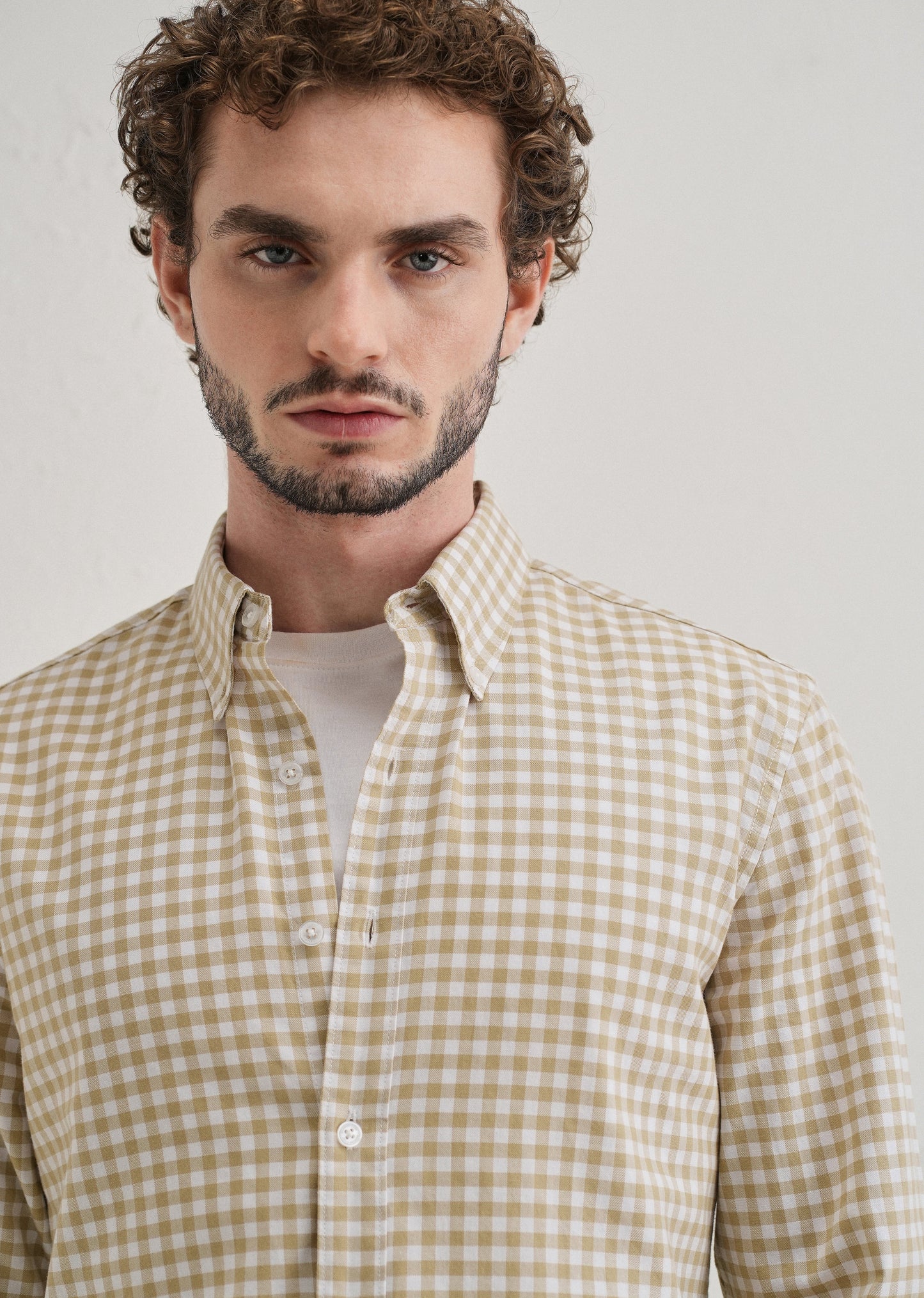 Tan Beige Gingham Check Cotton Oxford Shirt