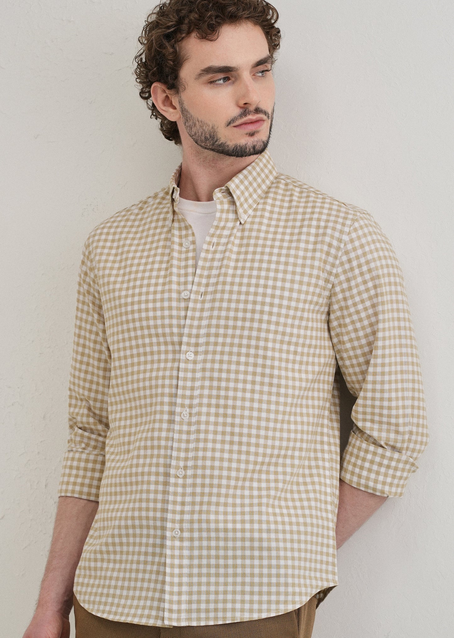 Tan Beige Gingham Check Cotton Oxford Shirt