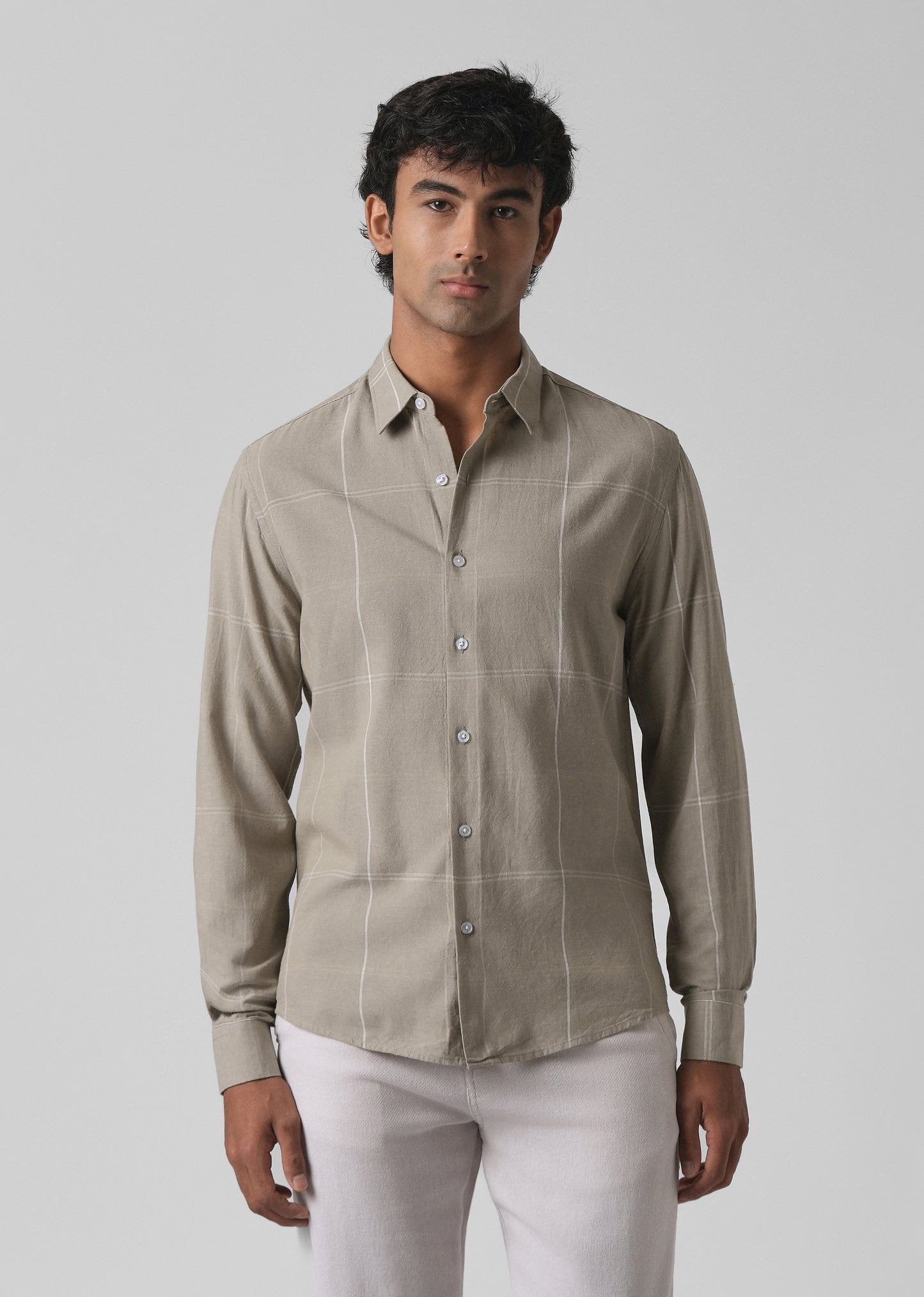 Tan Blended Linen Check Shirt