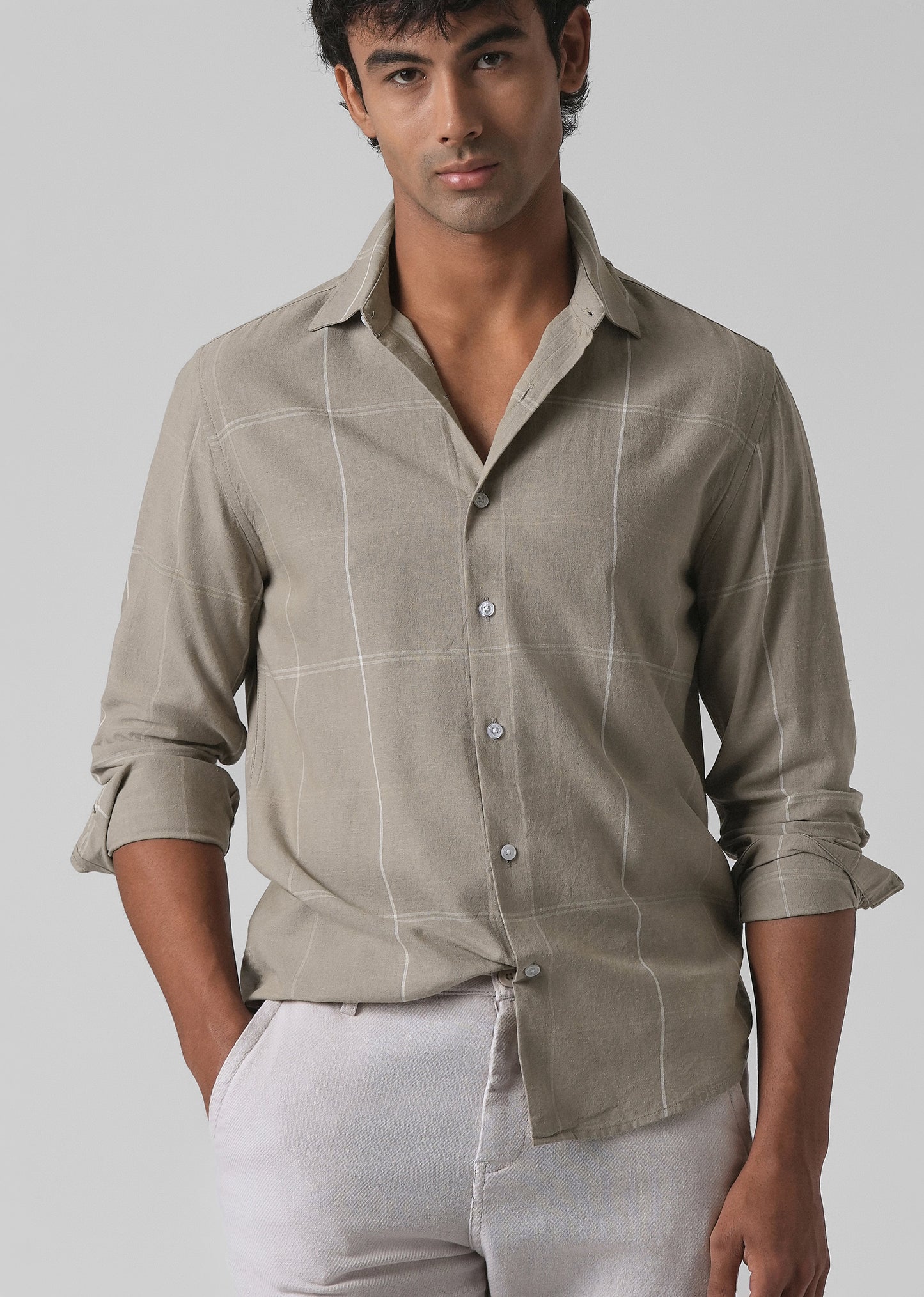 Tan Blended Linen Check Shirt